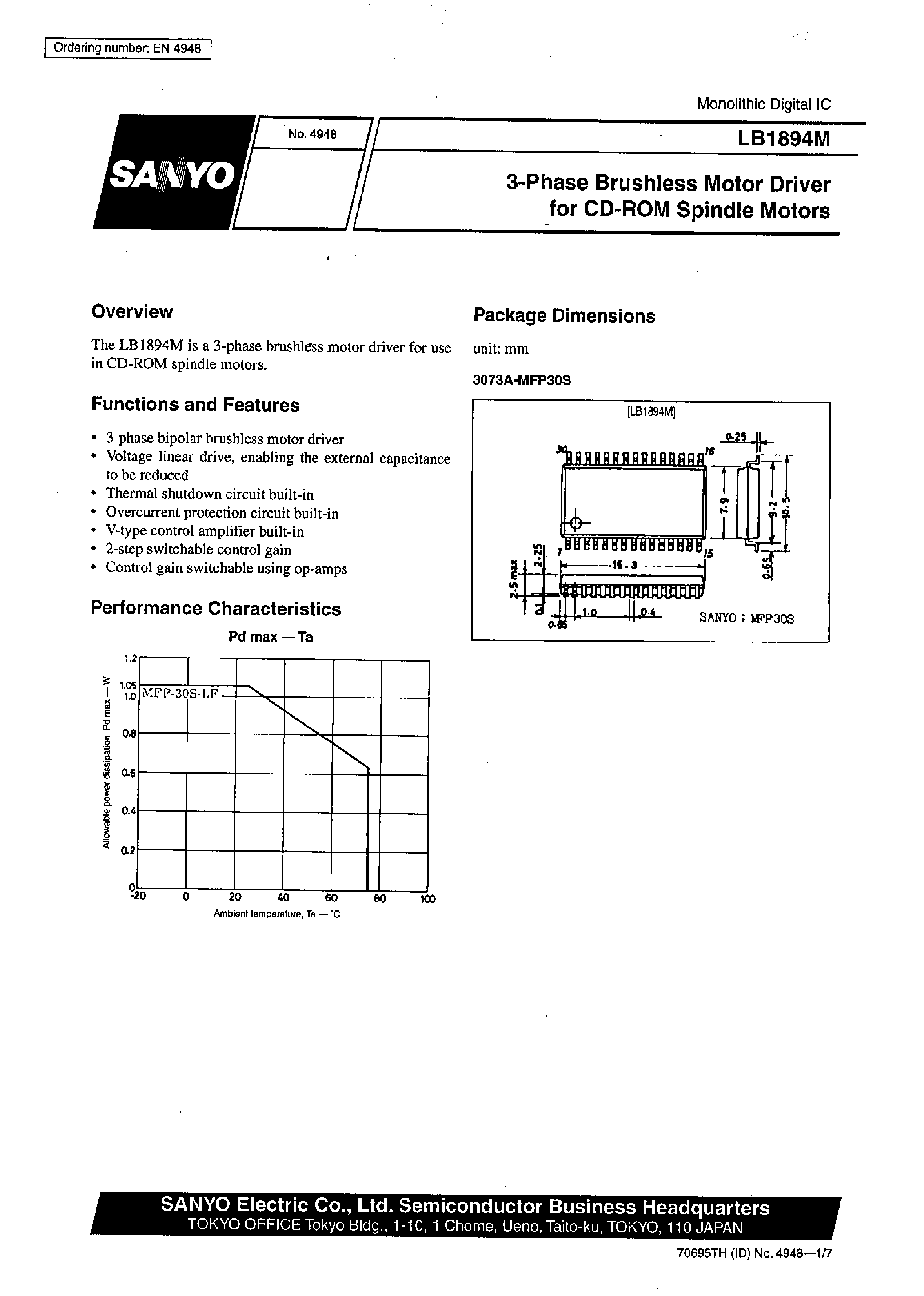 Даташит LB1894M - 3-Phase Brushless Motor Driver for CD-ROM Spindle Motors страница 1