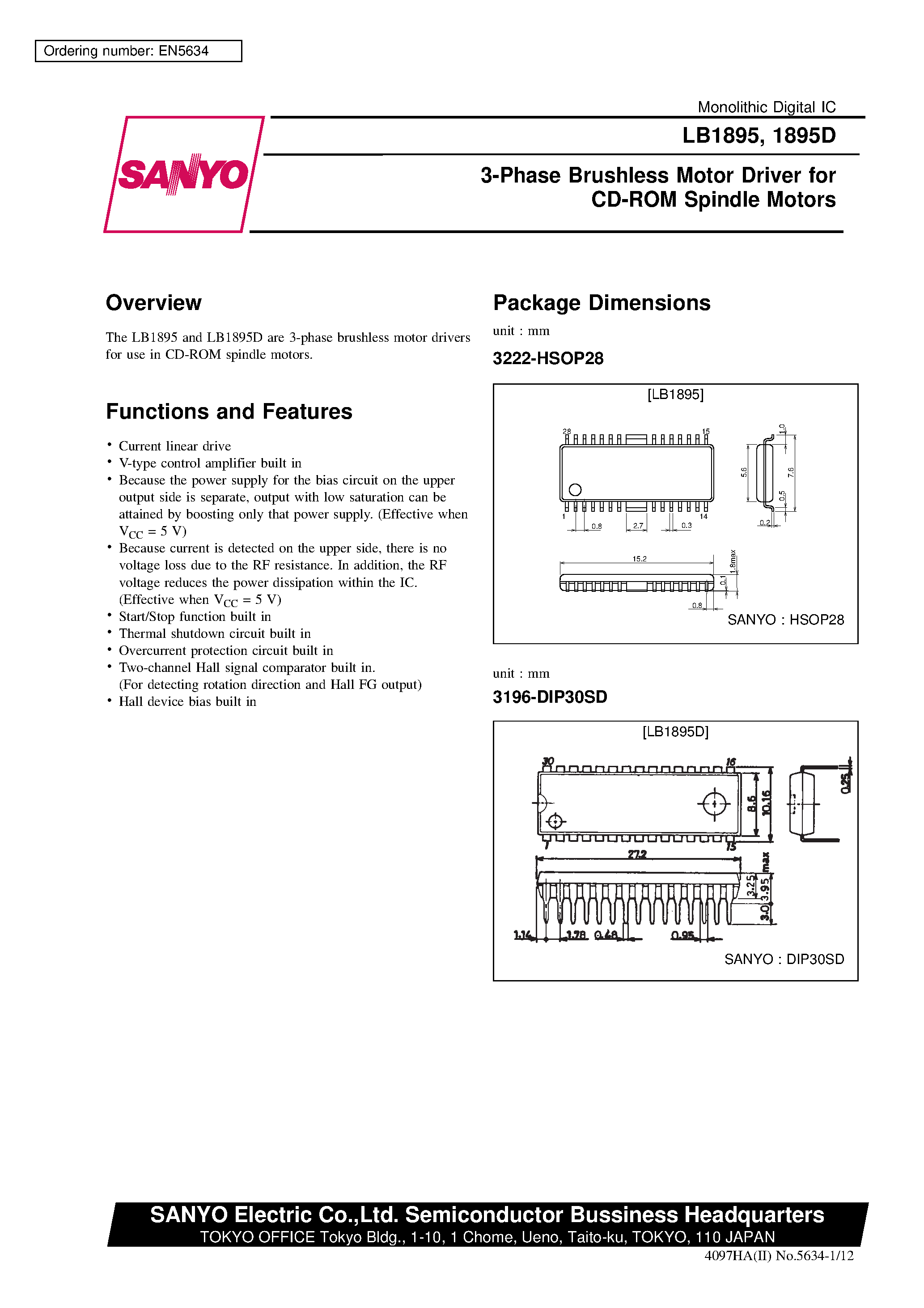 Даташит LB1895 - 3-Phase Brushless Motor Driver for CD-ROM Spindle Motors страница 1