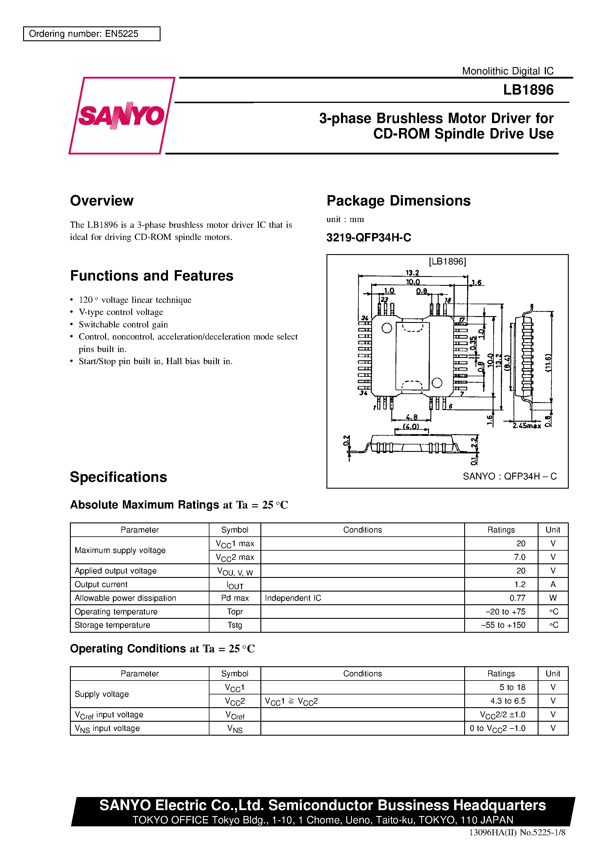 Даташит LB1896 - 3-phase Brushless Motor Driver for CD-ROM Spindle Drive Use страница 1