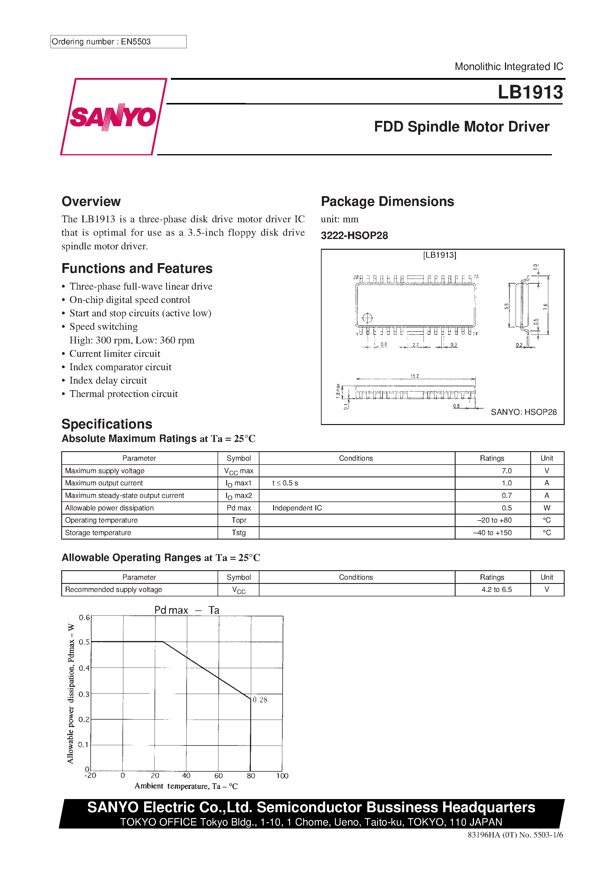 Datasheet LB1913 - FDD Spindle Motor Driver page 1