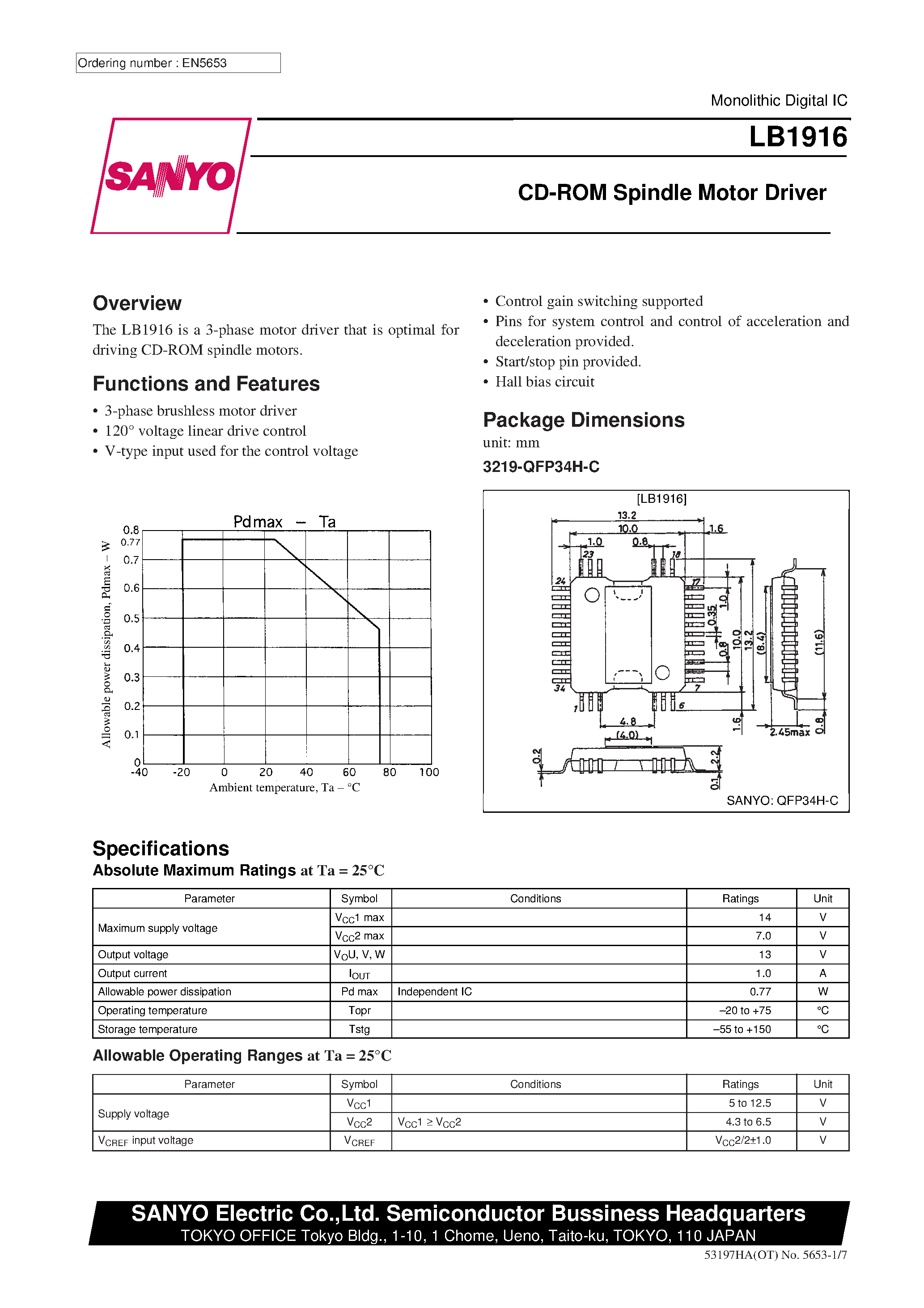 Даташит LB1916 - CD-ROM Spindle Motor Driver страница 1