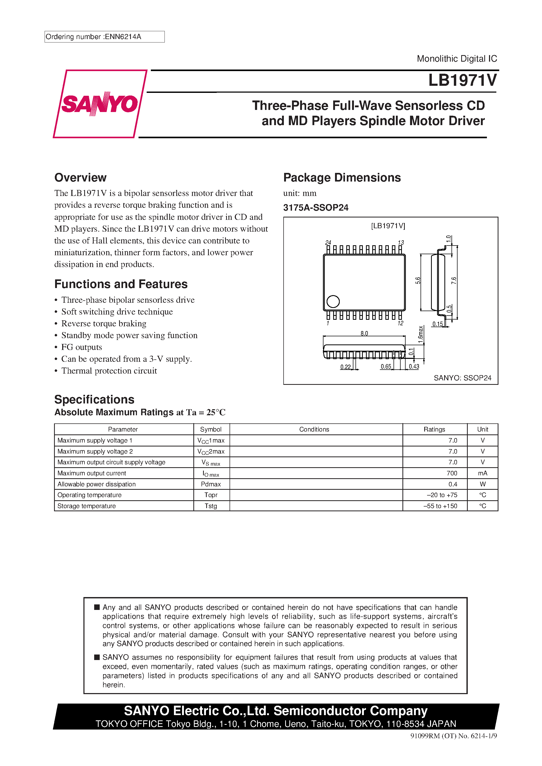 Даташит LB1971V - Three-Phase Full-Wave Sensorless CD and MD Players Spindle Motor Driver страница 1