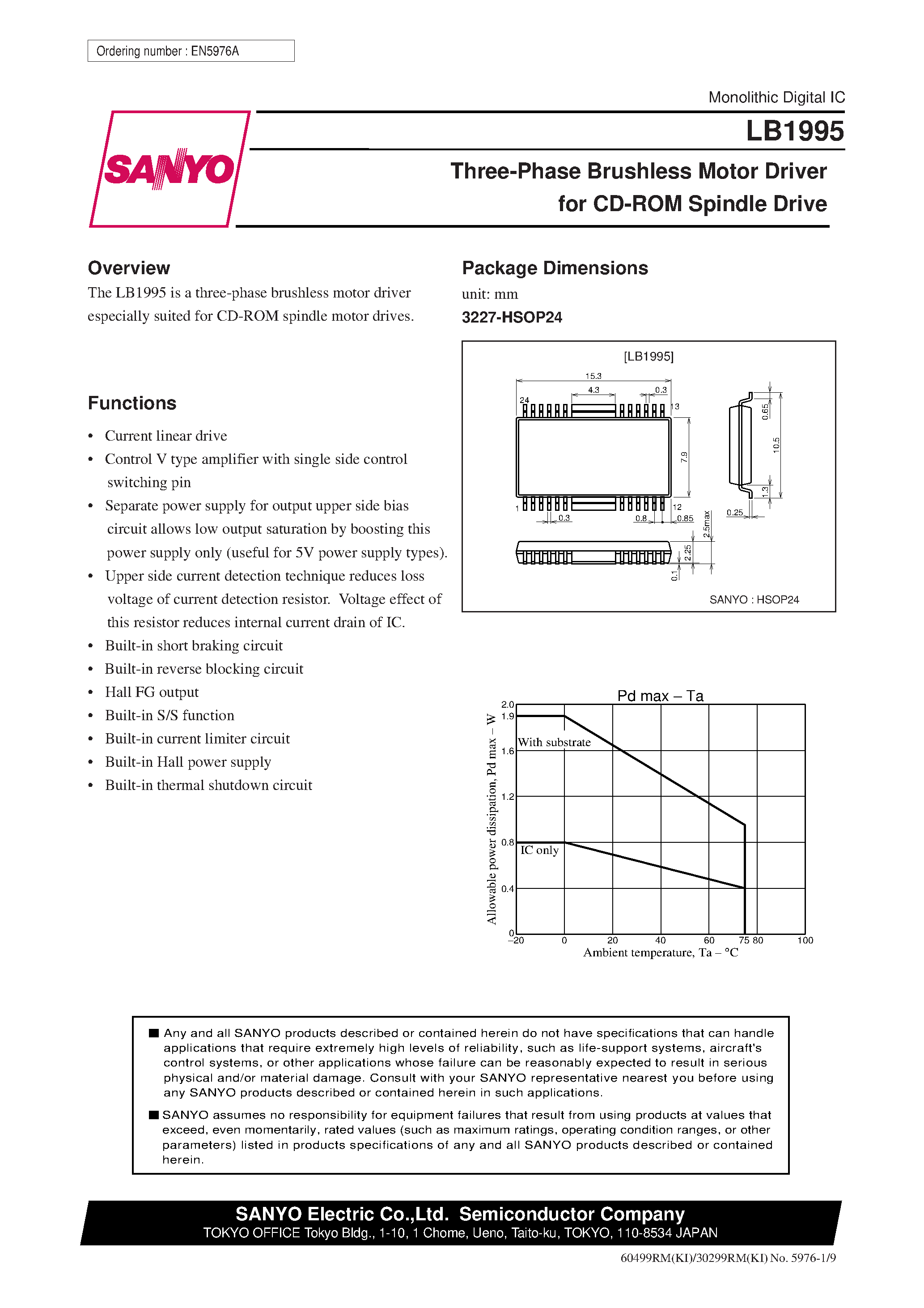 Даташит LB1995 - Three-Phase Brushless Motor Driver for CD-ROM Spindle Drive страница 1