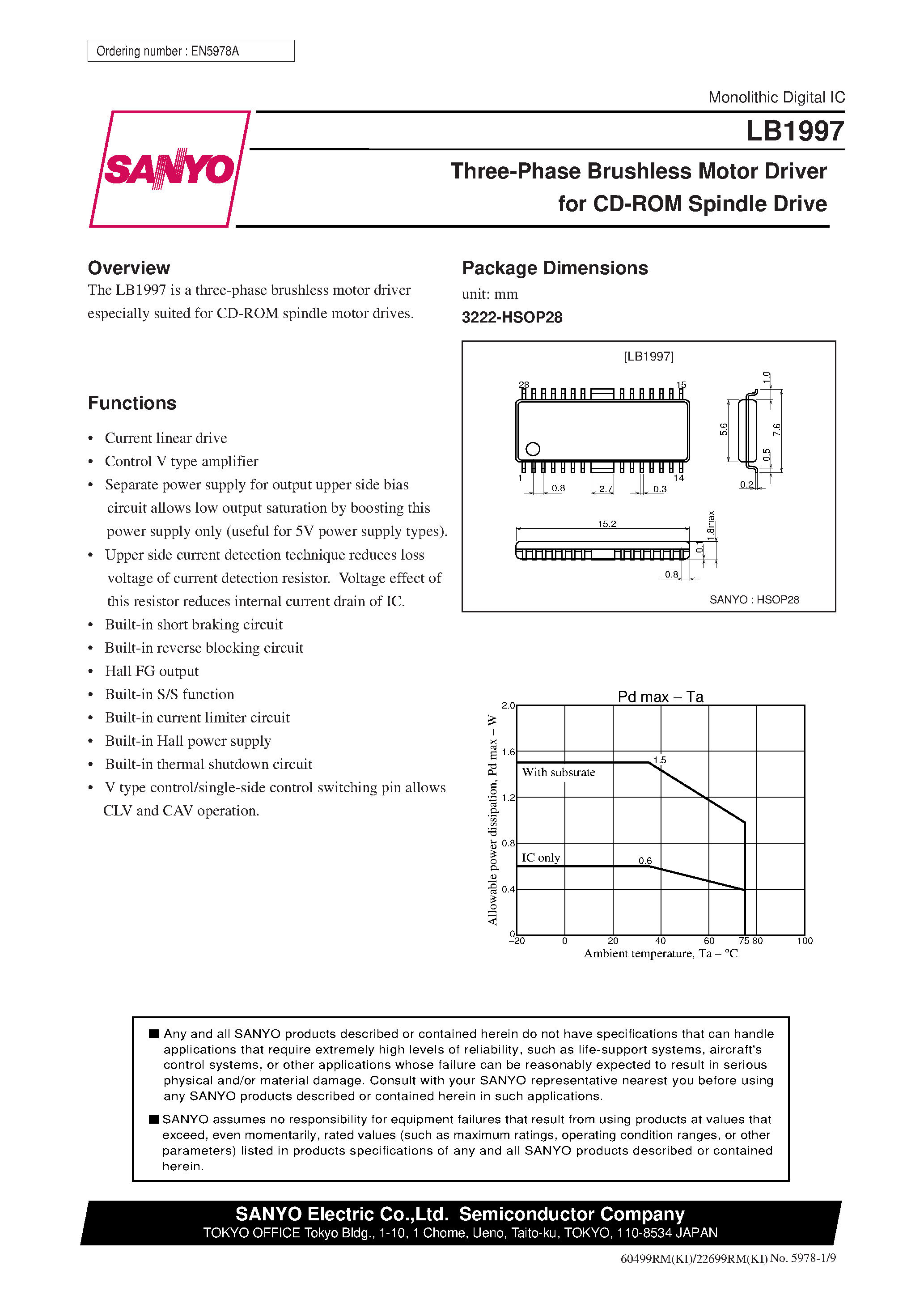 Даташит LB1997 - Three-Phase Brushless Motor Driver for CD-ROM Spindle Drive страница 1