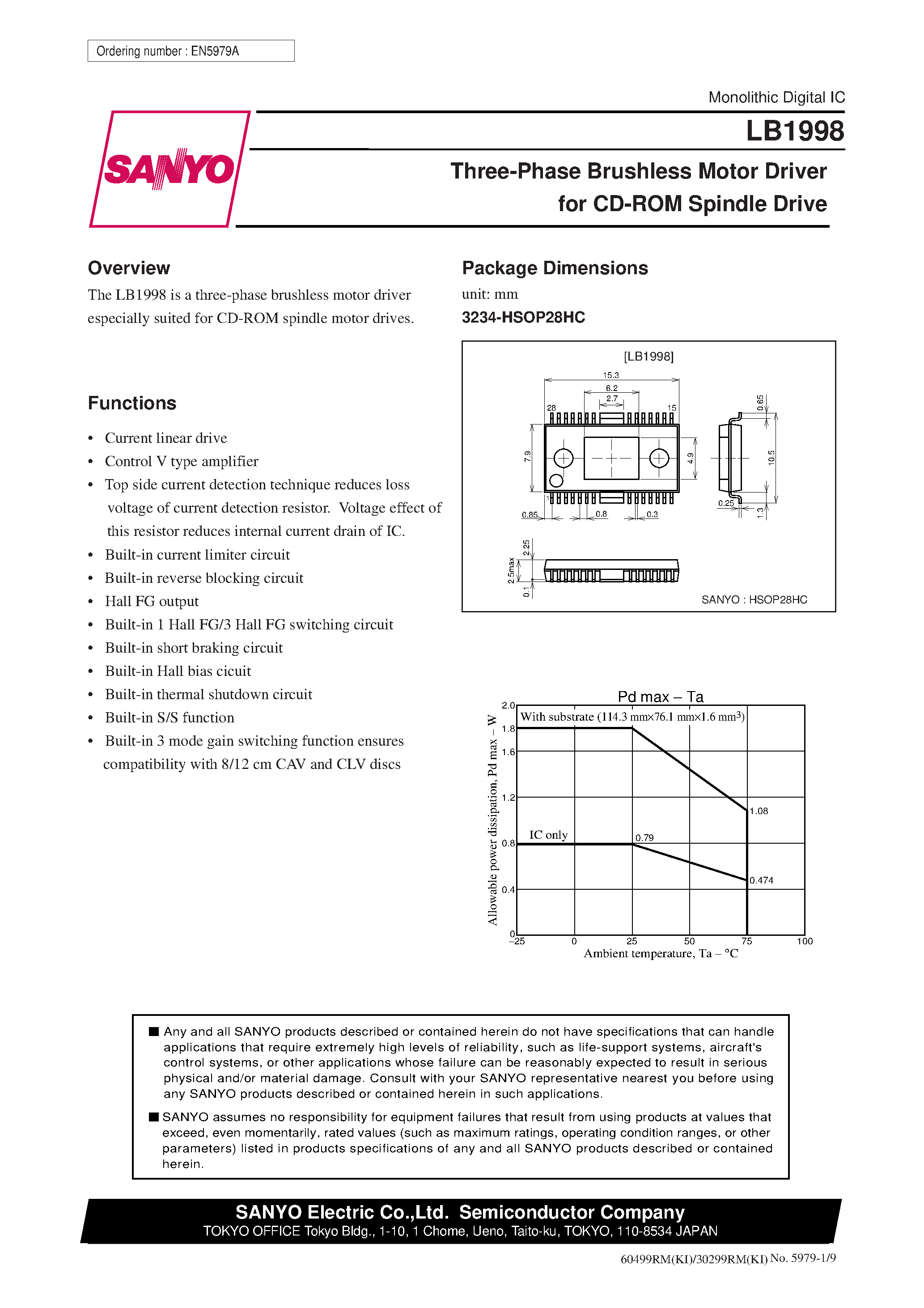 Даташит LB1998 - Three-Phase Brushless Motor Driver for CD-ROM Spindle Drive страница 1