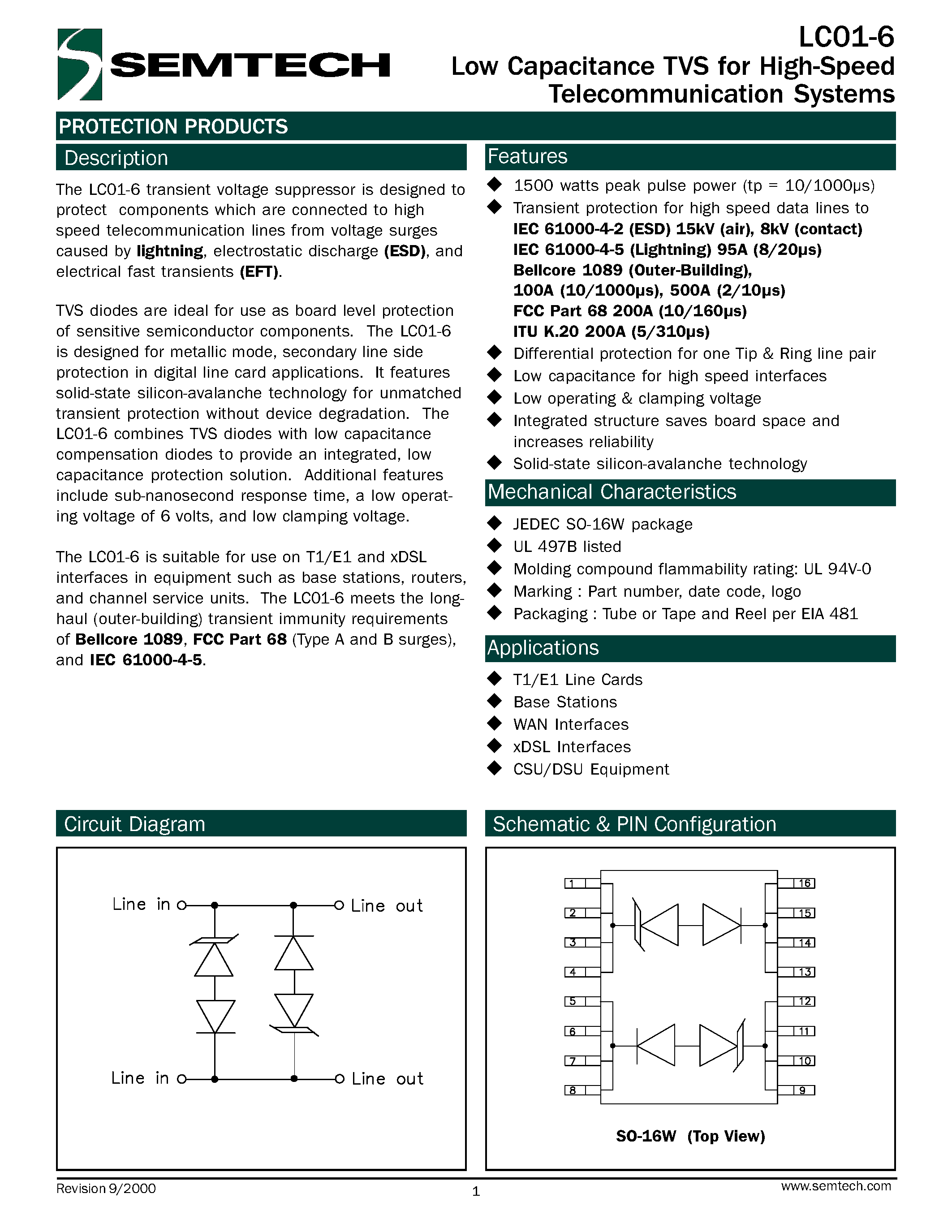 Даташит LC01-6 - Low Capacitance TVS for High-Speed Telecommunication Systems страница 1