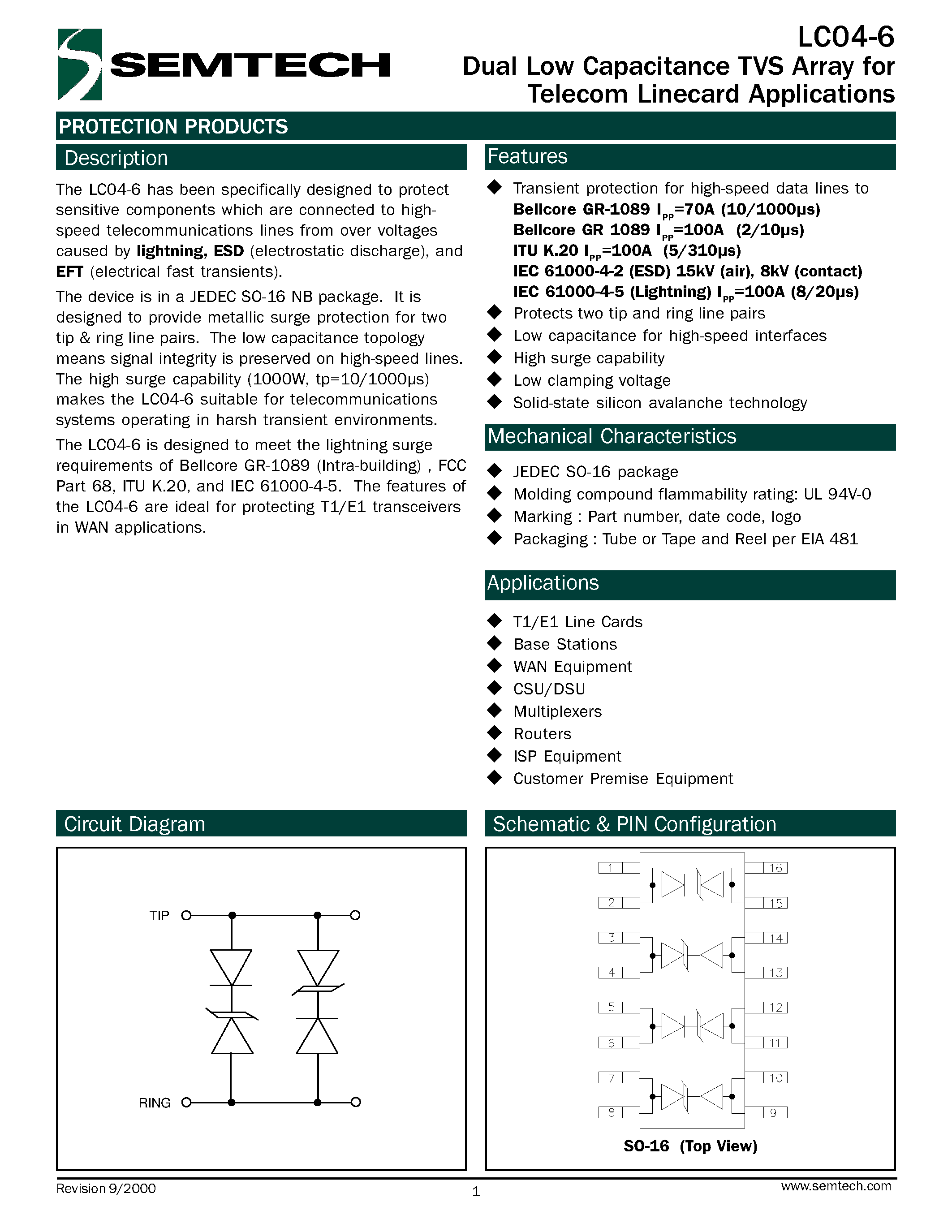 Даташит LC04-6 - Dual Low Capacitance TVS Array for Telecom LineCard Applications страница 1