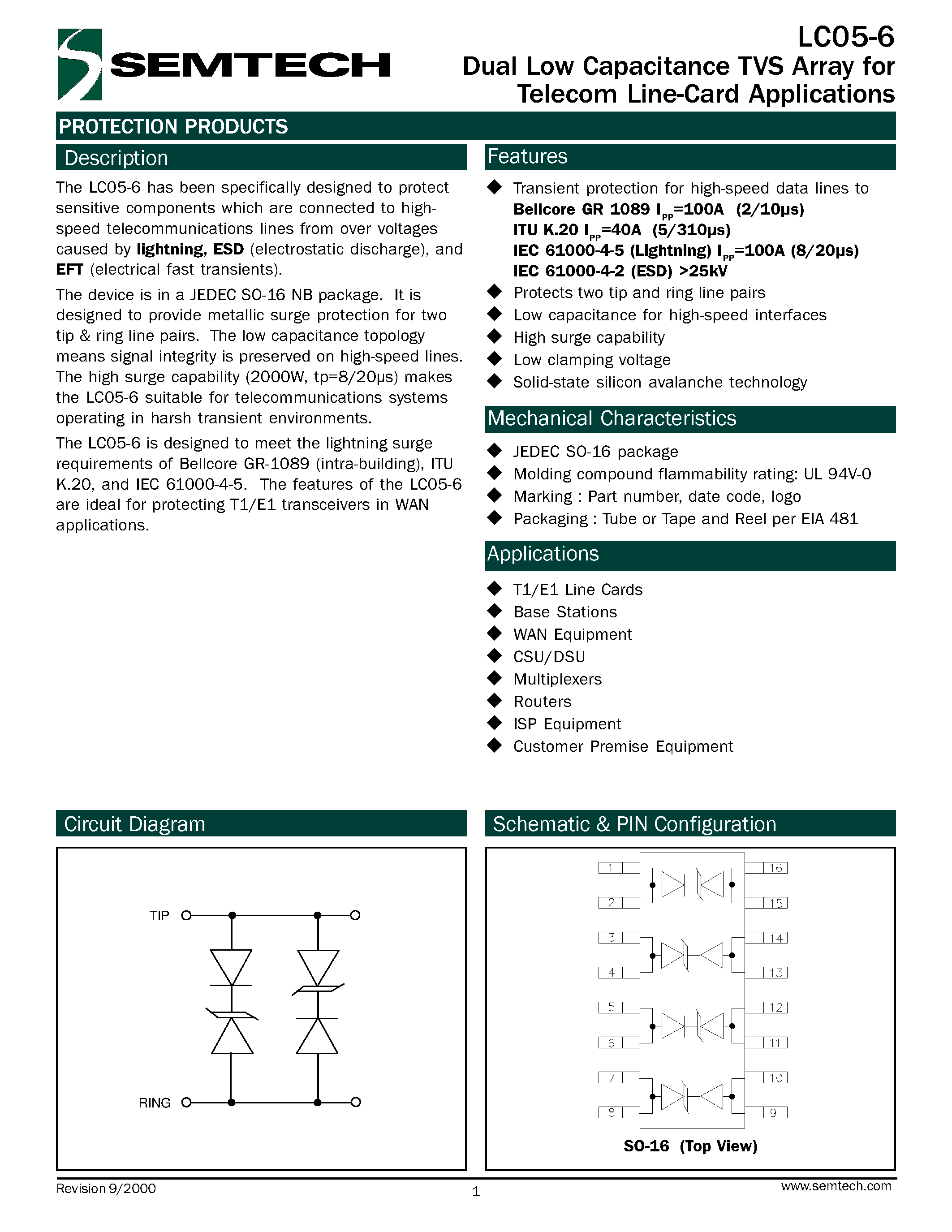 Даташит LC05-6 - Dual Low Capacitance TVS Array for Telecom Line-Card Applications страница 1