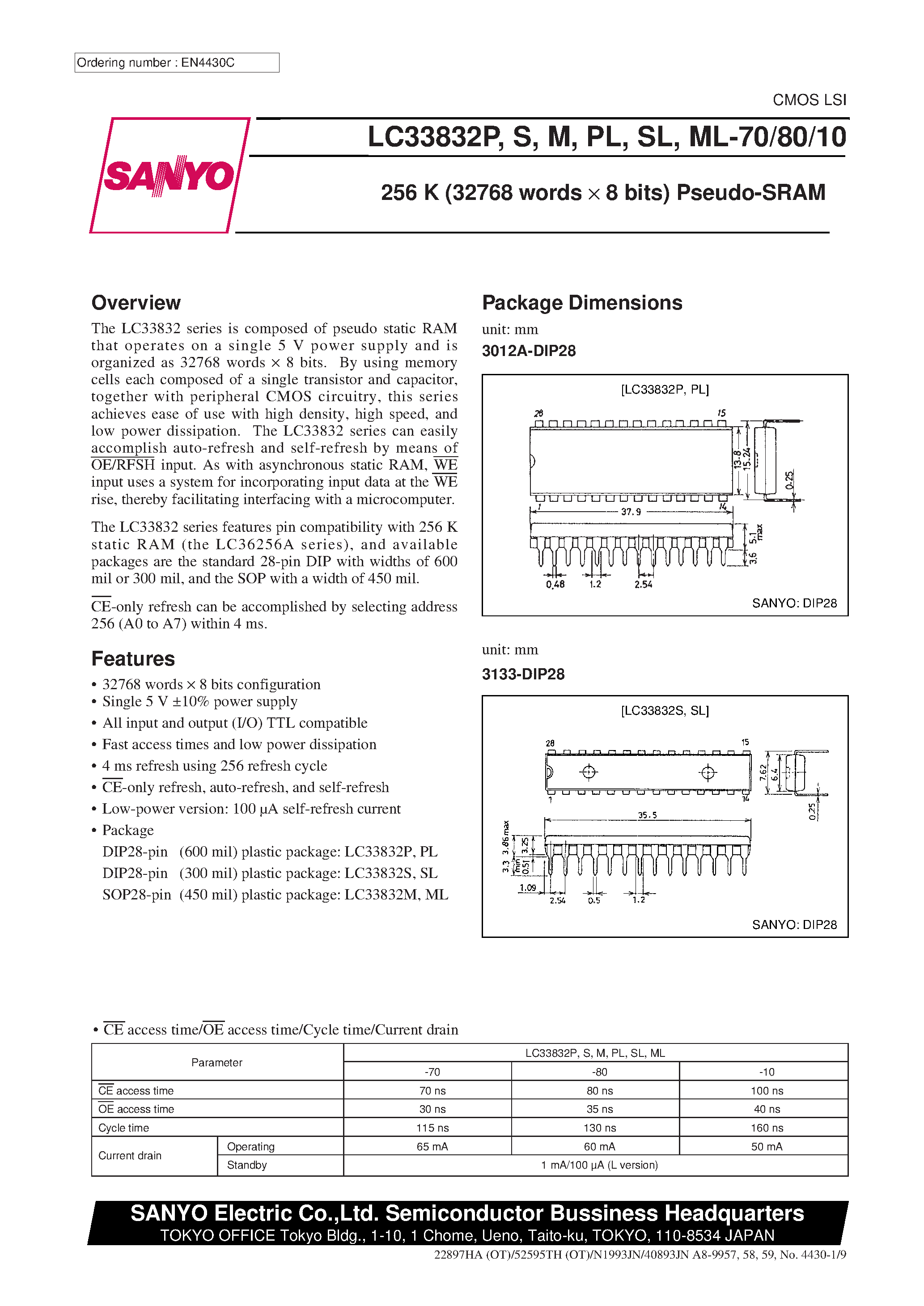 Даташит LC33832M - 256 K (32768 words X 8 bits) Pseudo-SRAM страница 1