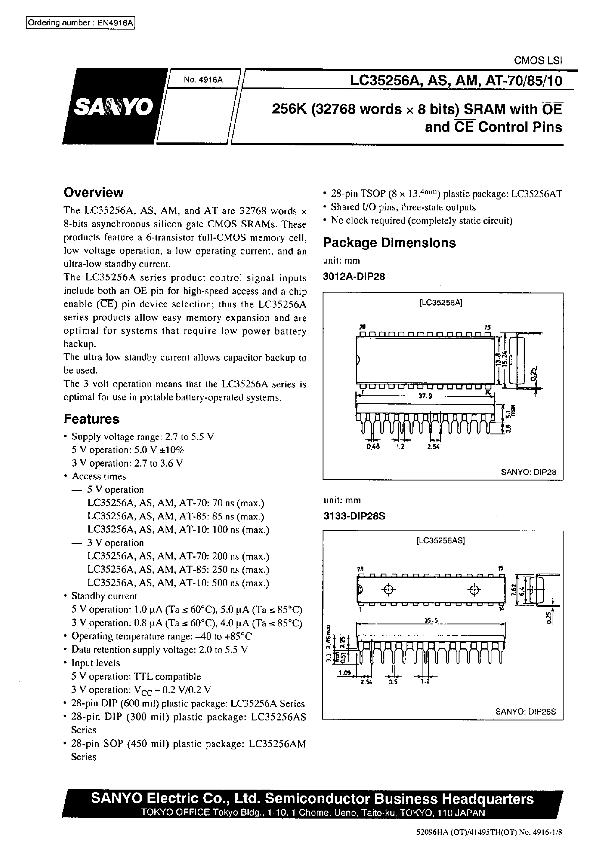 Даташит LC35256A - 256 K (32768 words X 8 bits) SRAM with OE and CE control Pins страница 1