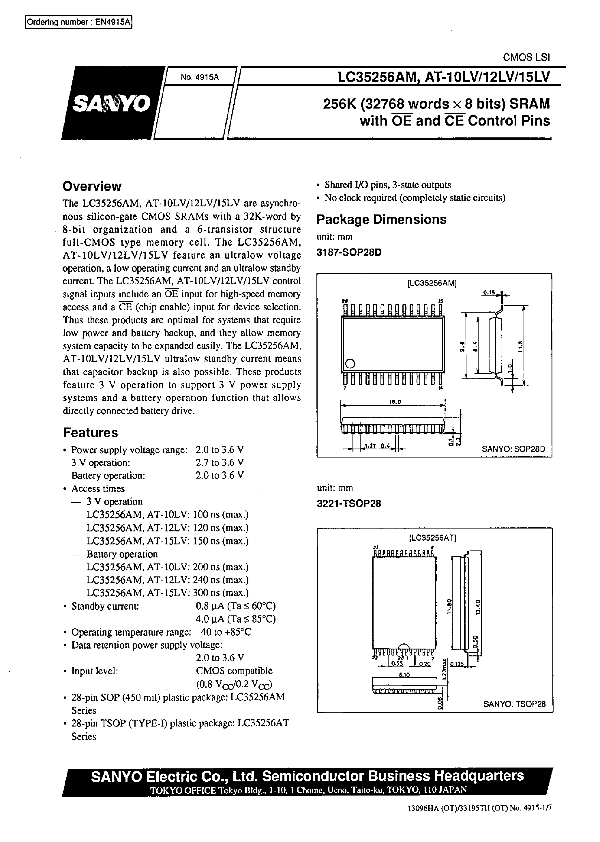 Даташит LC35256AT-10LV - 256 K (32768 words X 8 bits) SRAM with OE and CE control Pins страница 1