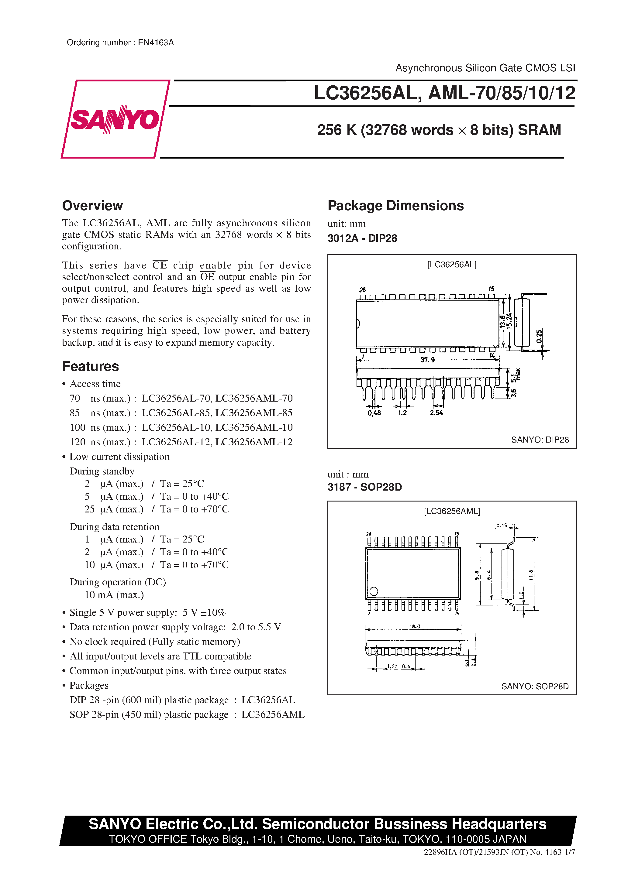 Даташит LC36256AL - 256 K (32768 words x 8 bits) SRAM страница 1