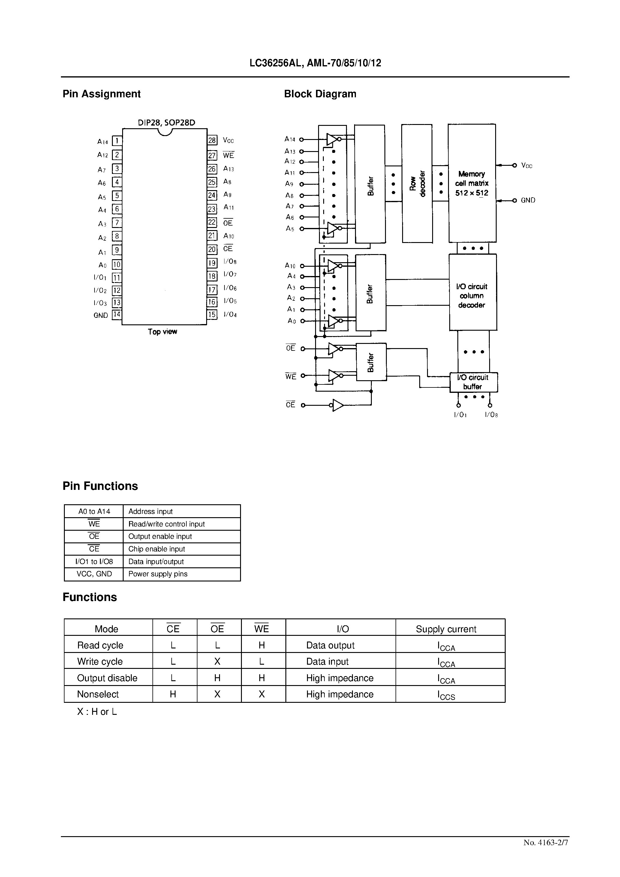 Даташит LC36256AL - 256 K (32768 words x 8 bits) SRAM страница 2