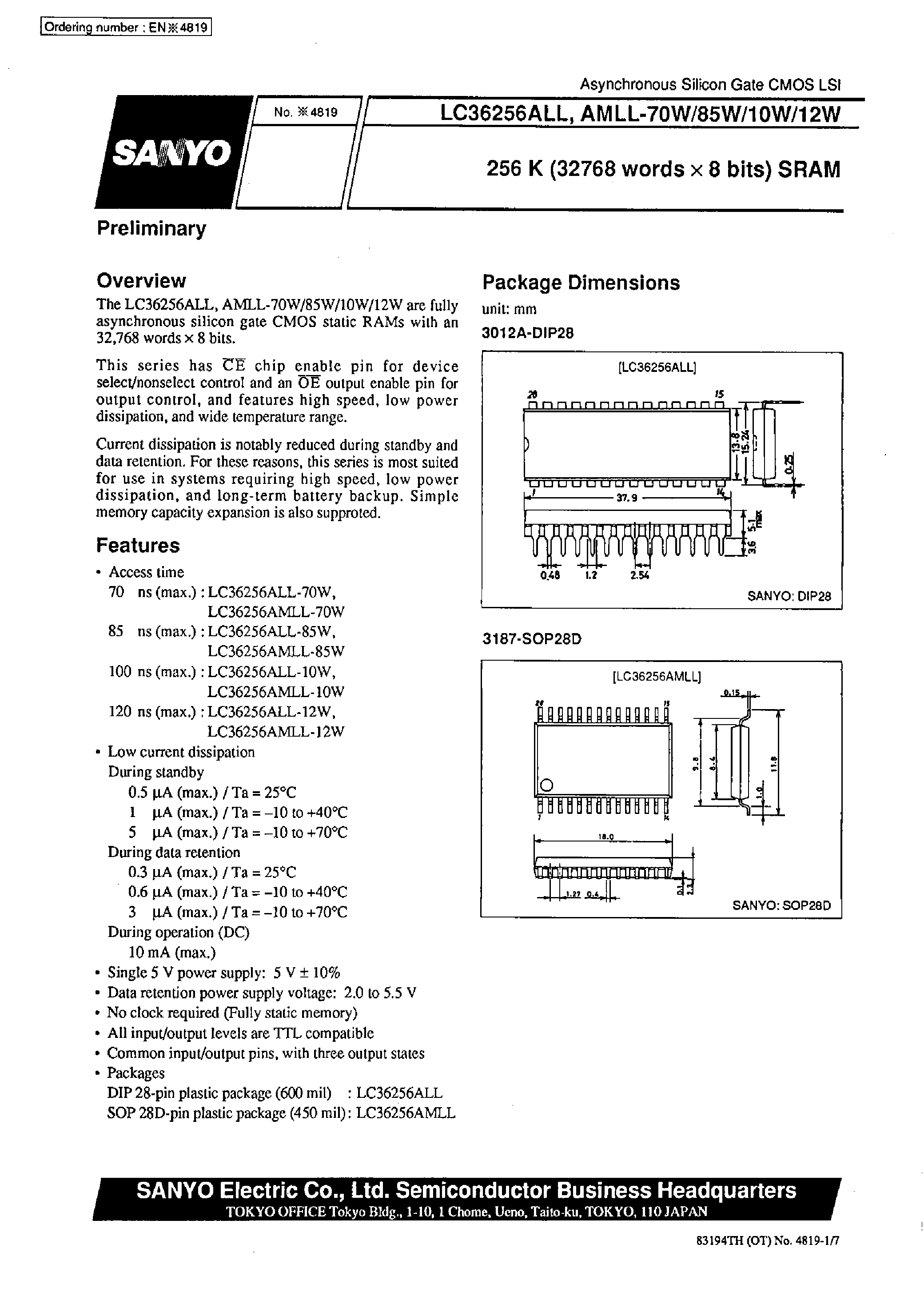 Даташит LC36256ALL-70W - 256 K (32768 words x 8 bits) SRAM страница 1