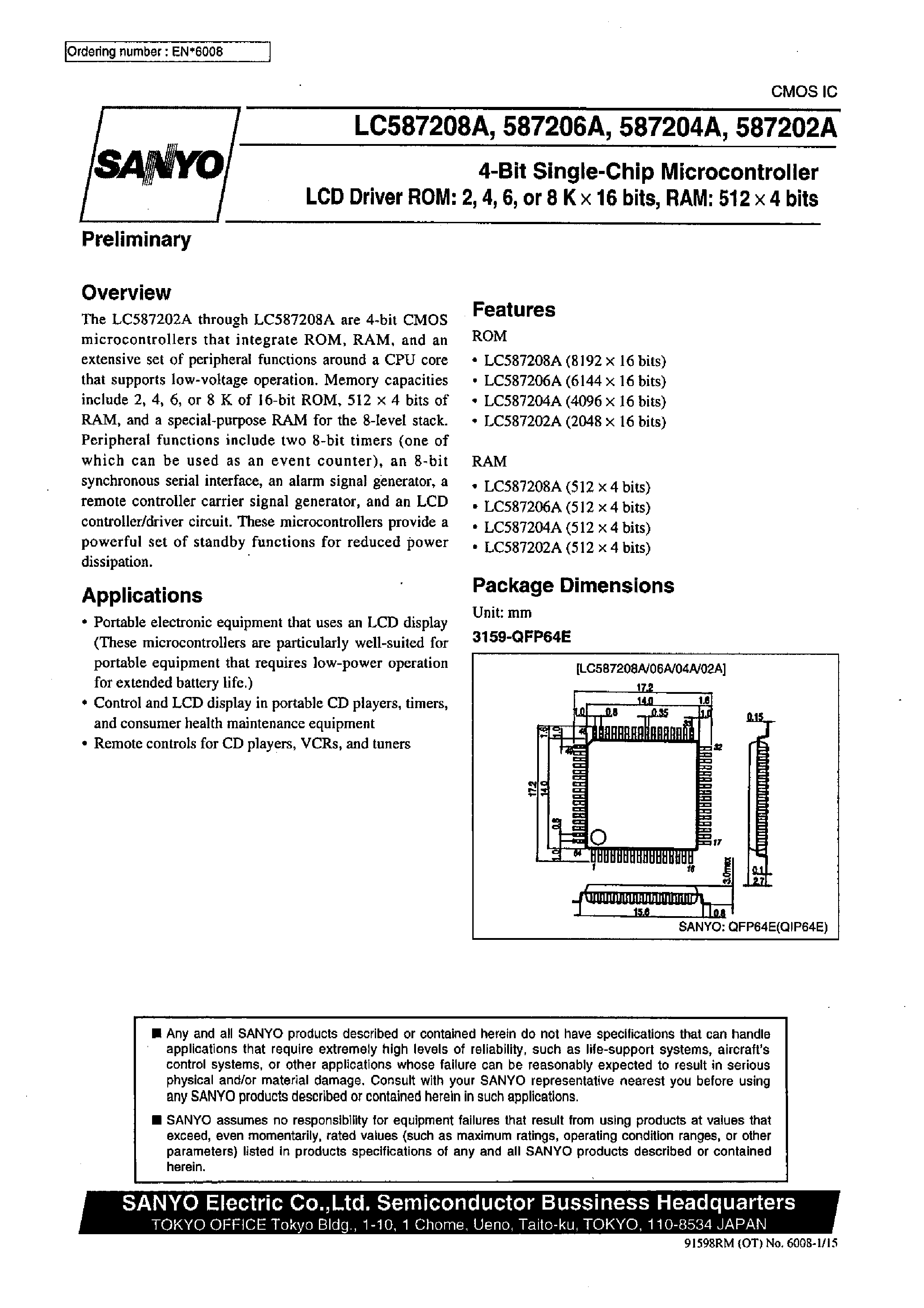 Даташит LC587202A - 4-Bit Single-Chip Microcontroller LCD Driver ROM:2 /4 /6 /or8 K x 16 bits / RAM:512 x4 bits страница 1