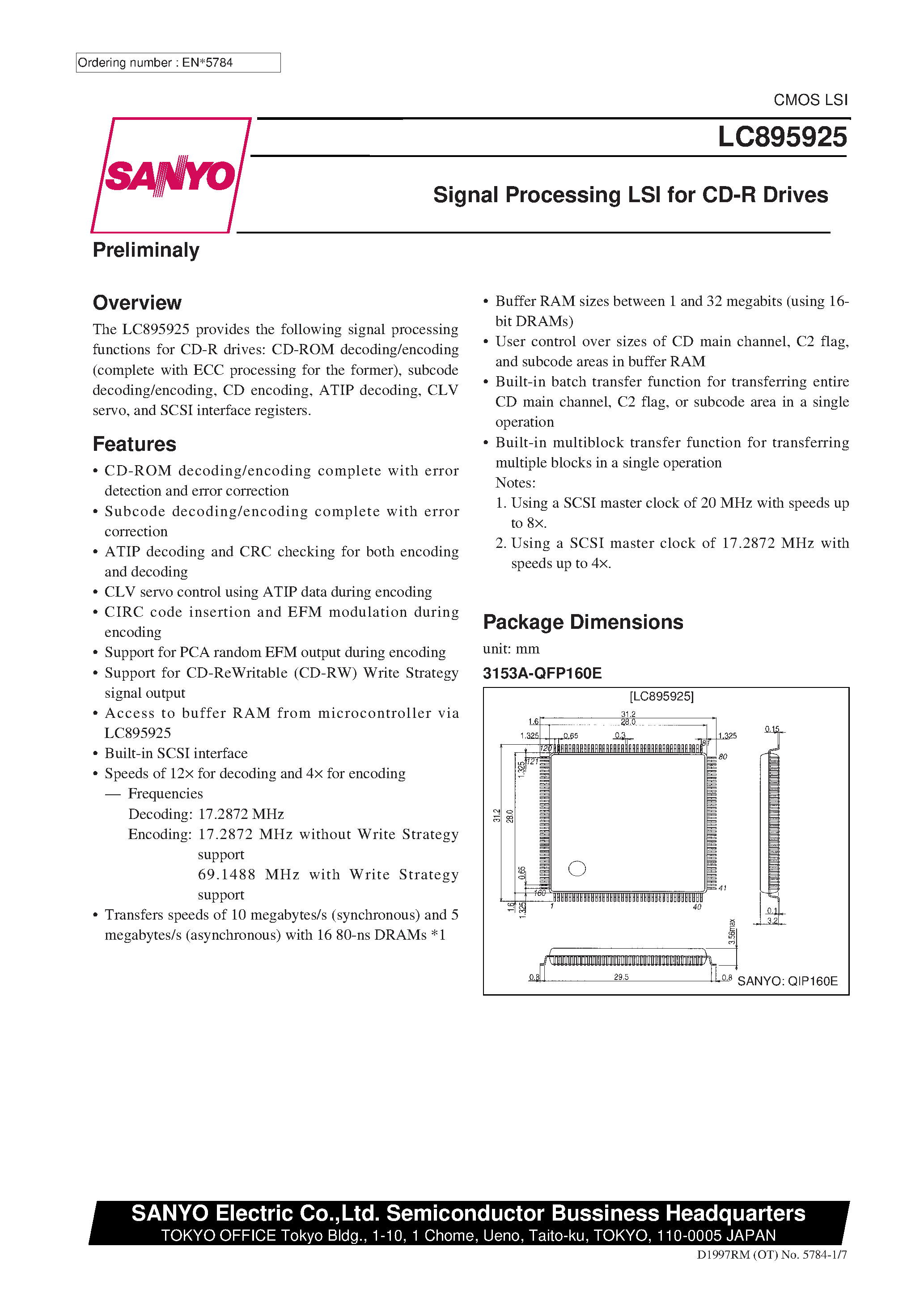 Datasheet LC895925 - Signal Processing LSI for CD-R Drives page 1