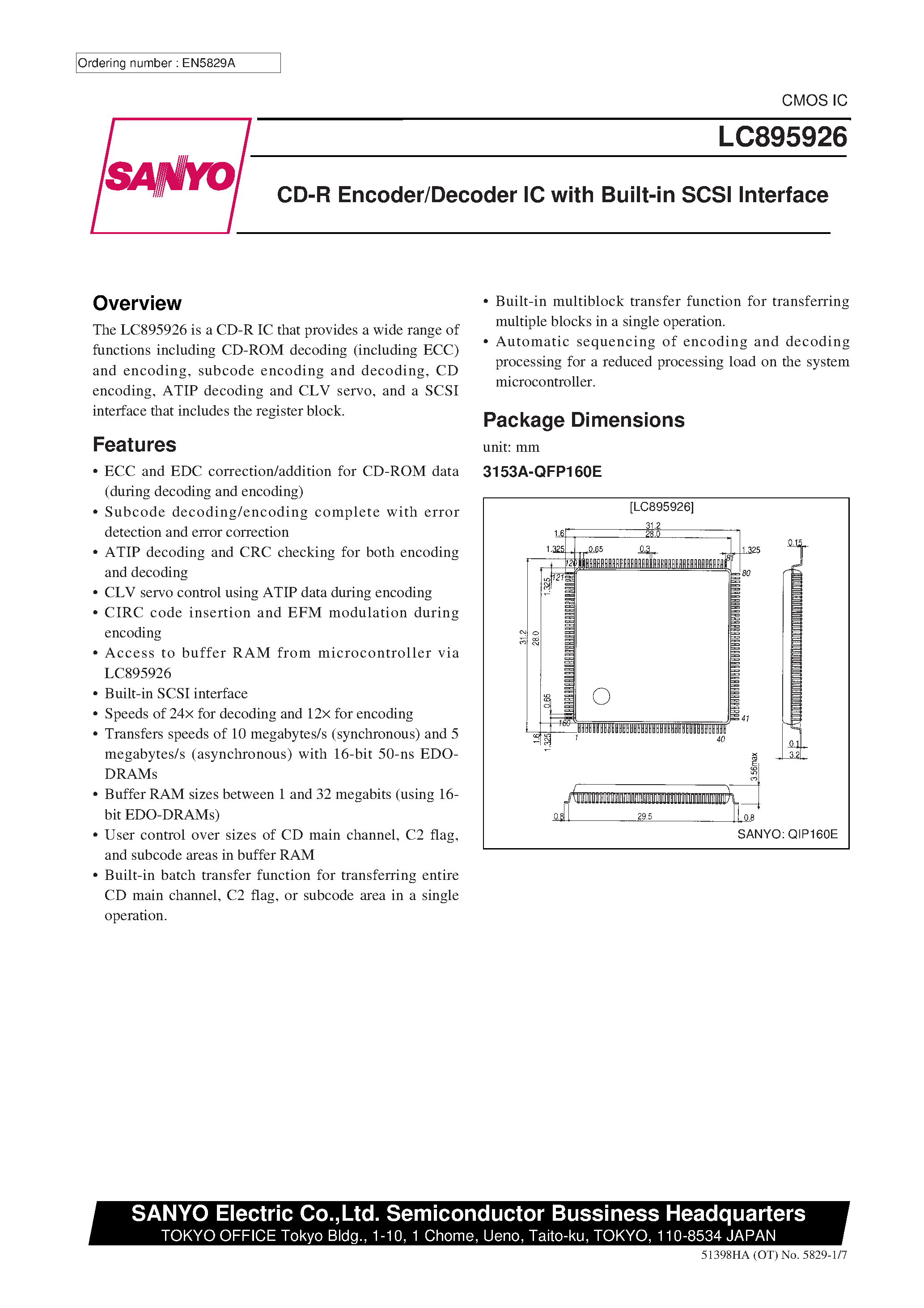 Datasheet LC895926 - CD-R Encoder/Decoder IC with Built-in SCSI Interface page 1