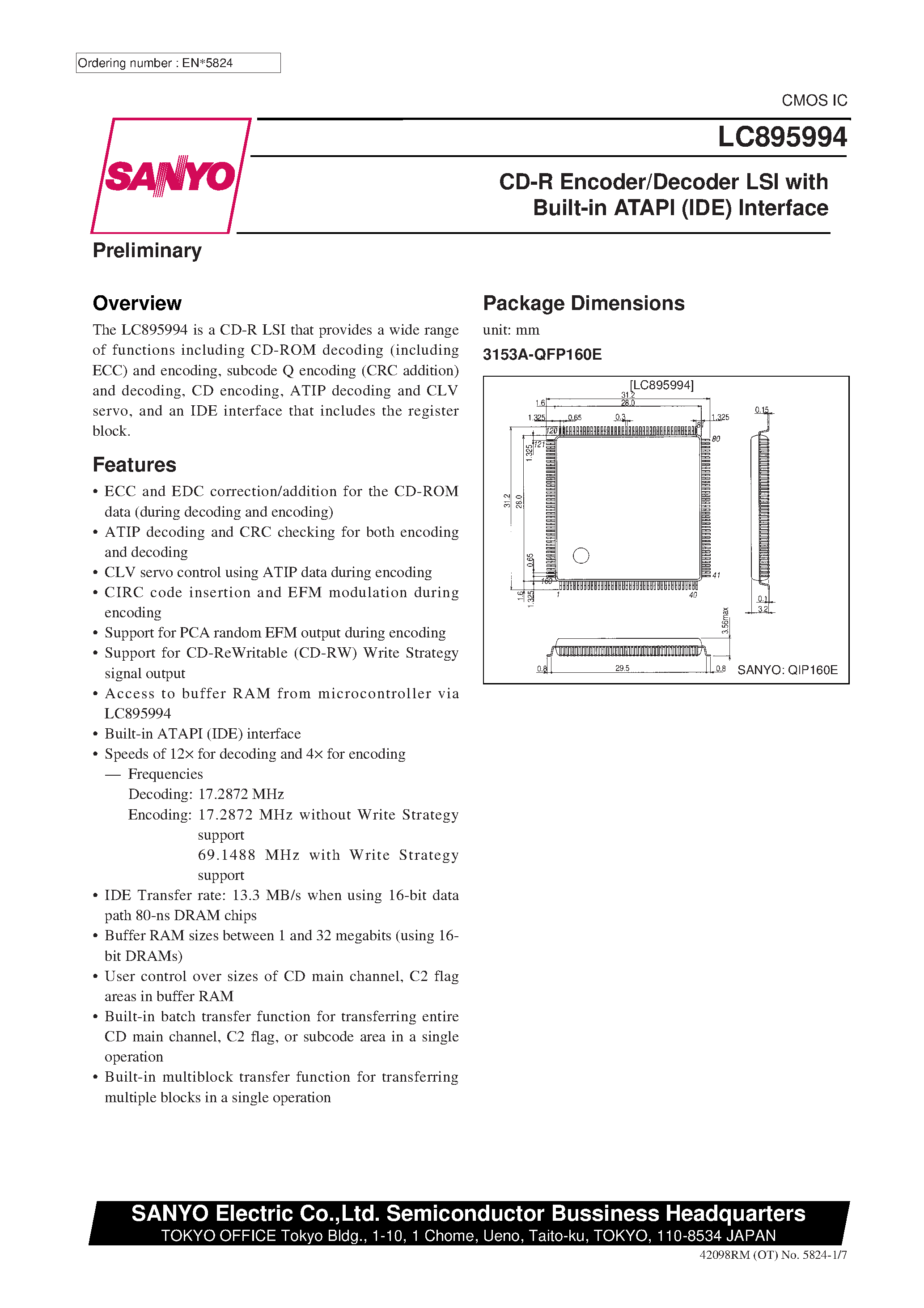 Datasheet LC895994 - CD-R Encoder/Decoder LSI with Built-in ATAPI (IDE) Interface page 1