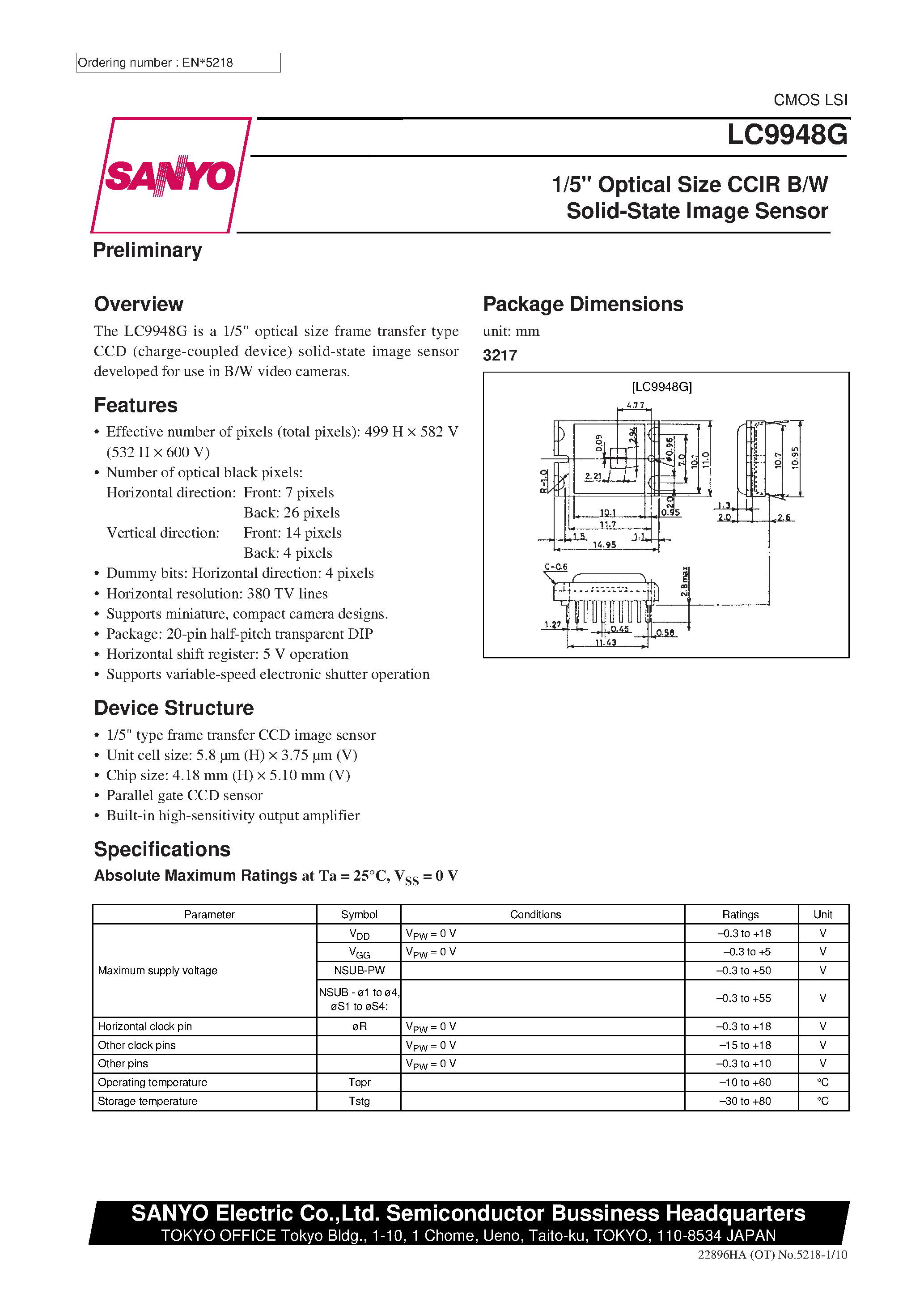 Datasheet LC9948G - 1/5 Optical Size CCIR B/W Solid-State Image Sensor page 1