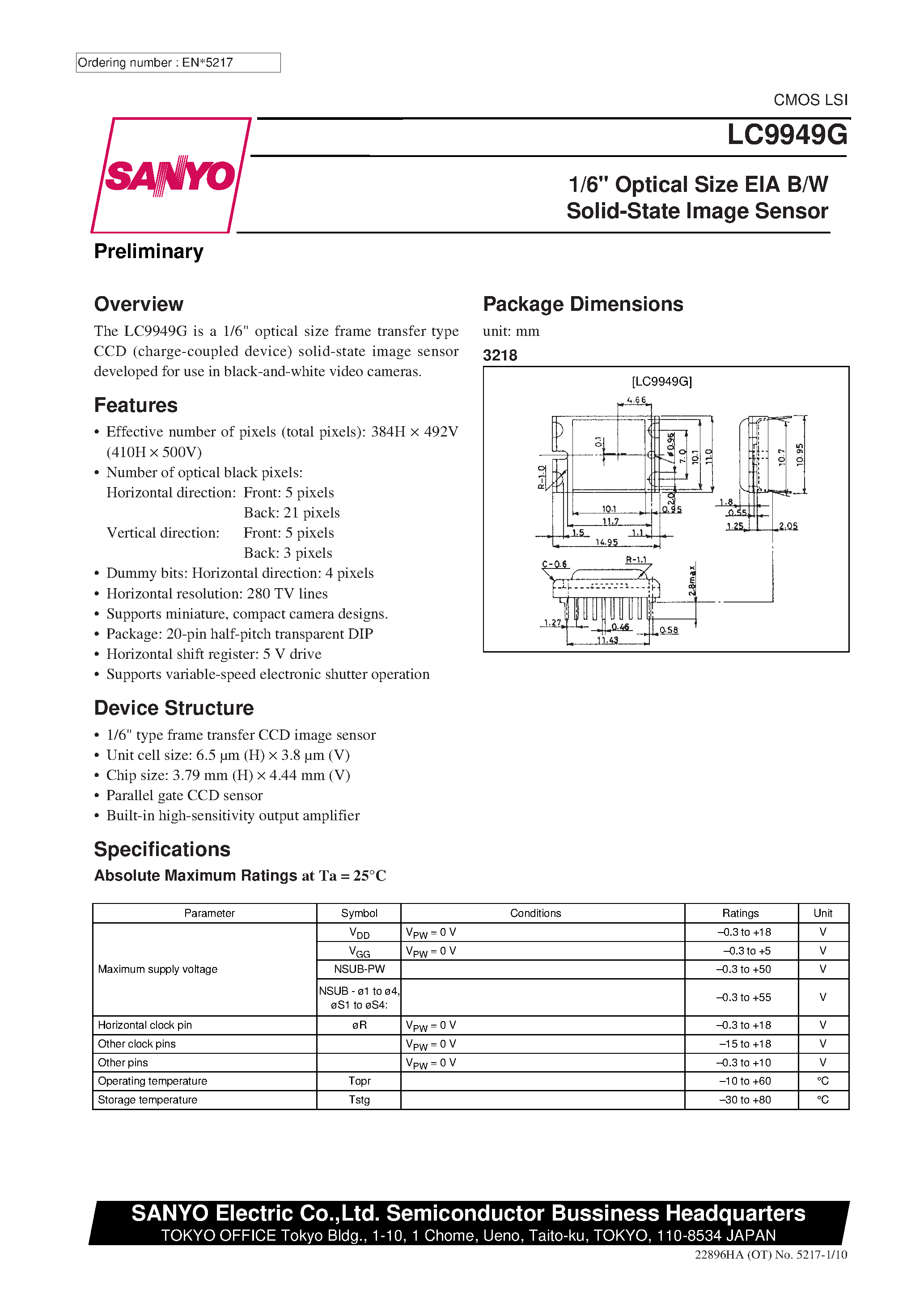 Datasheet LC9949G - 1/6 Optical Size EIA B/W Solid-State Image Sensor page 1