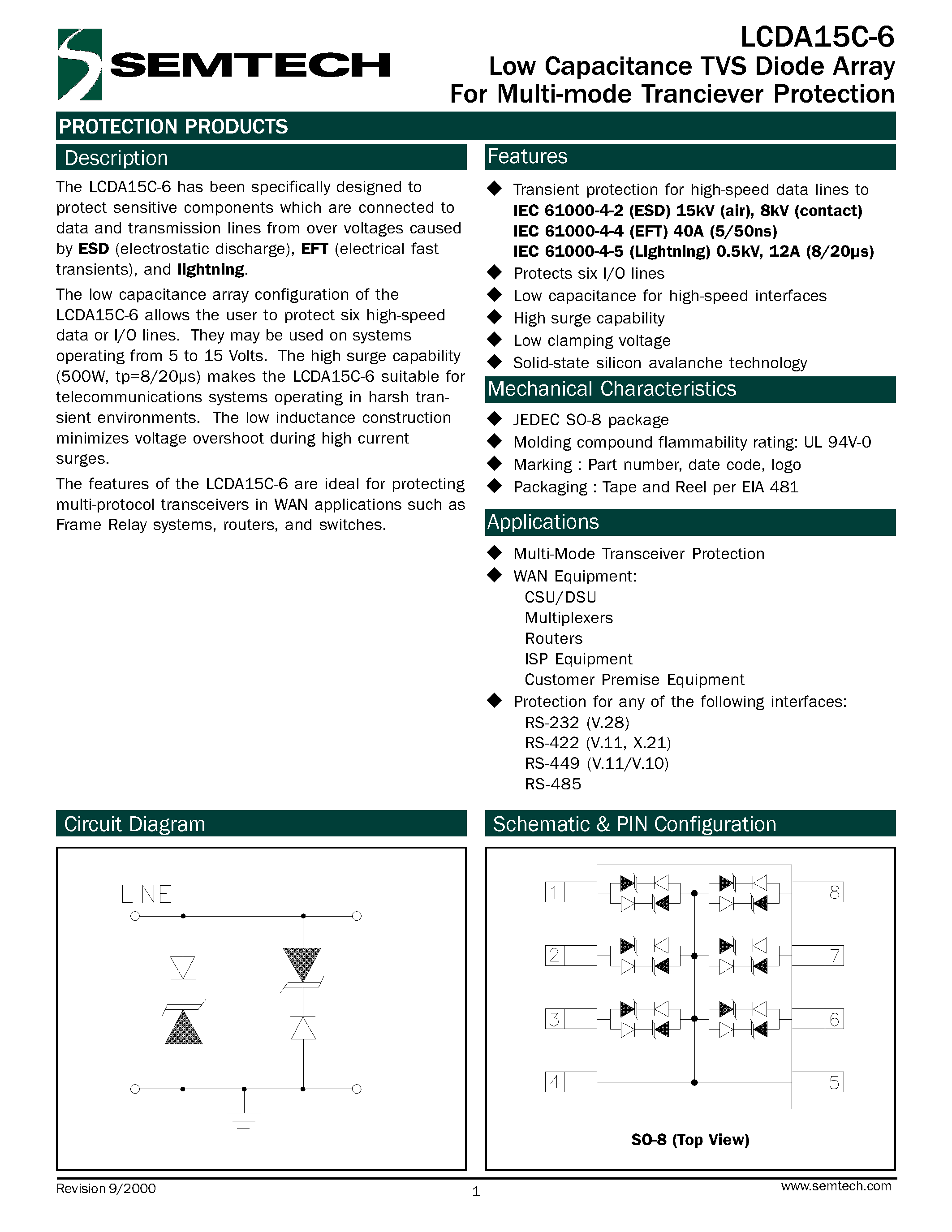 Даташит LCDA15C-6 - Low Capacitance TVS Diode Array For Multi-mode Transciever Protection страница 1