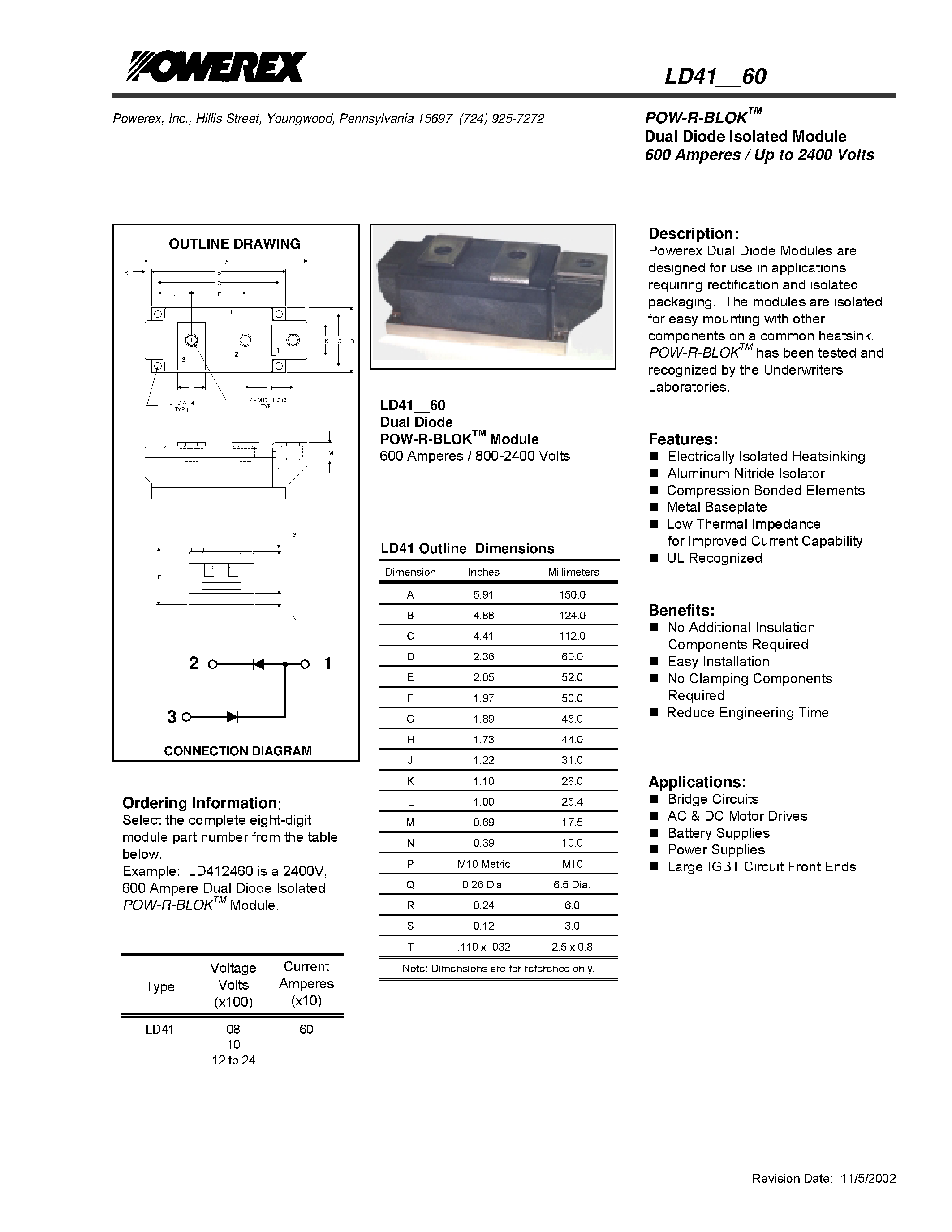 Datasheet LD410860 - POW-R-BLOK Dual Diode Isolated Module (600 Amperes / Up to 2400 Volts) page 1