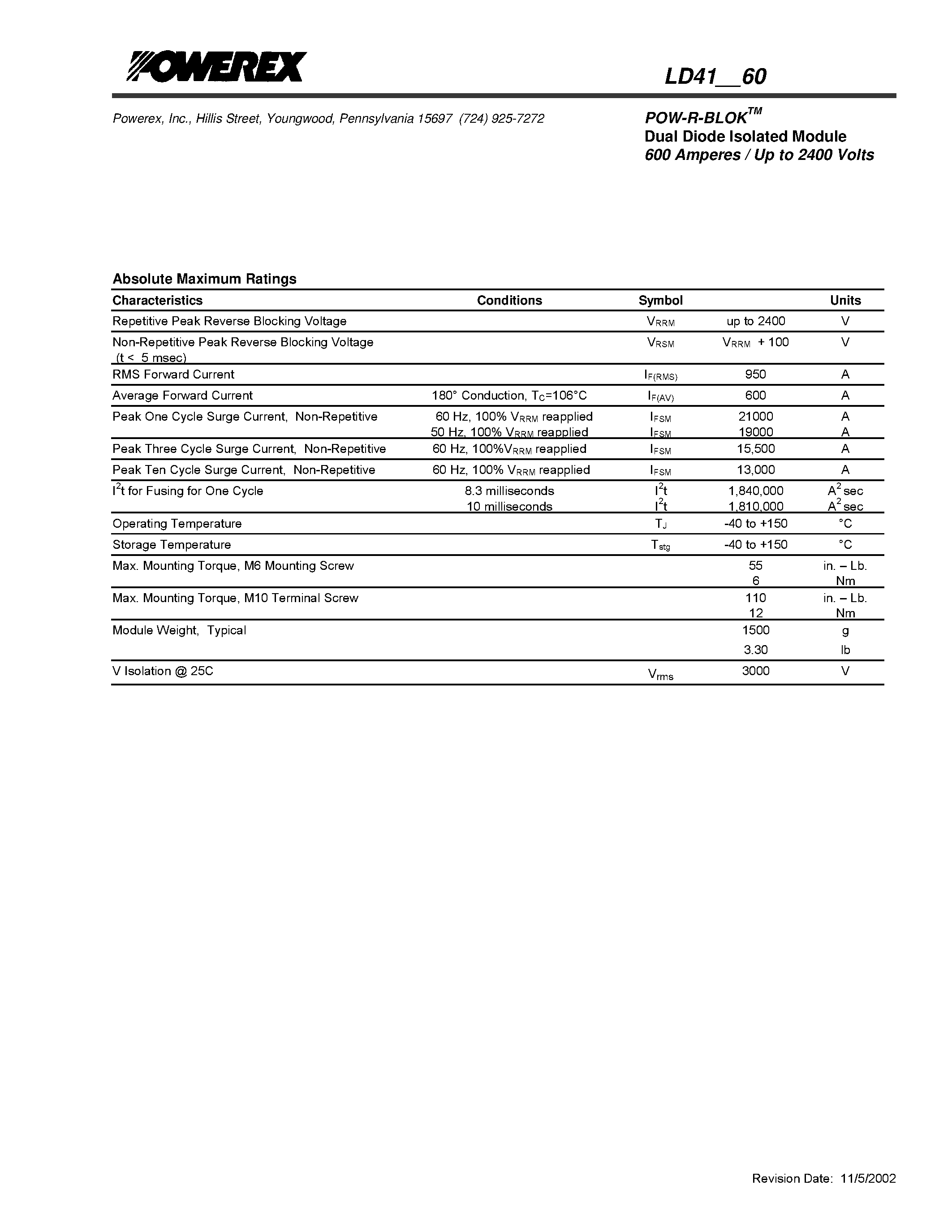 Datasheet LD410860 - POW-R-BLOK Dual Diode Isolated Module (600 Amperes / Up to 2400 Volts) page 2