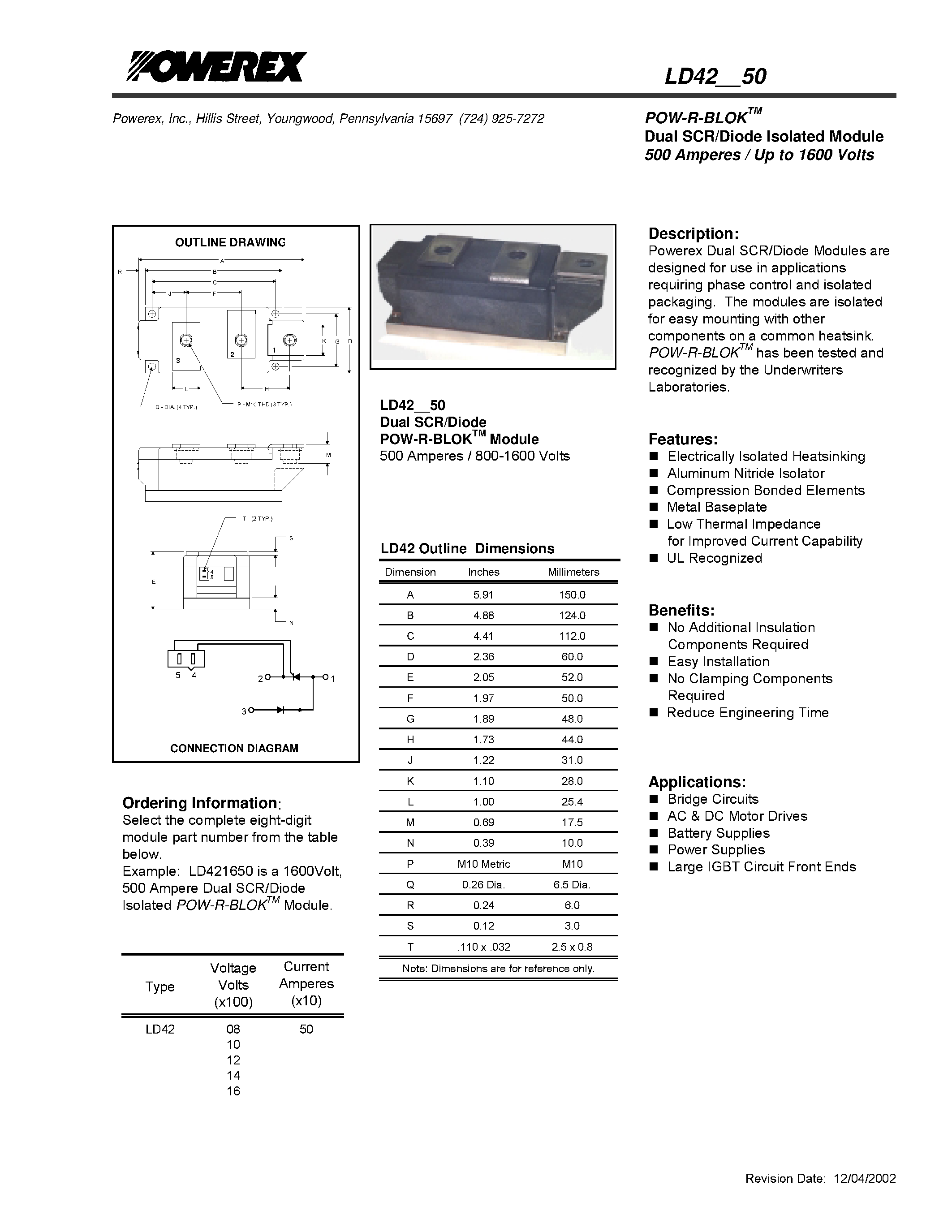 Datasheet LD420850 - POW-R-BLOK Dual SCR/Diode Isolated Module (500 Amperes / Up to 1600 Volts) page 1