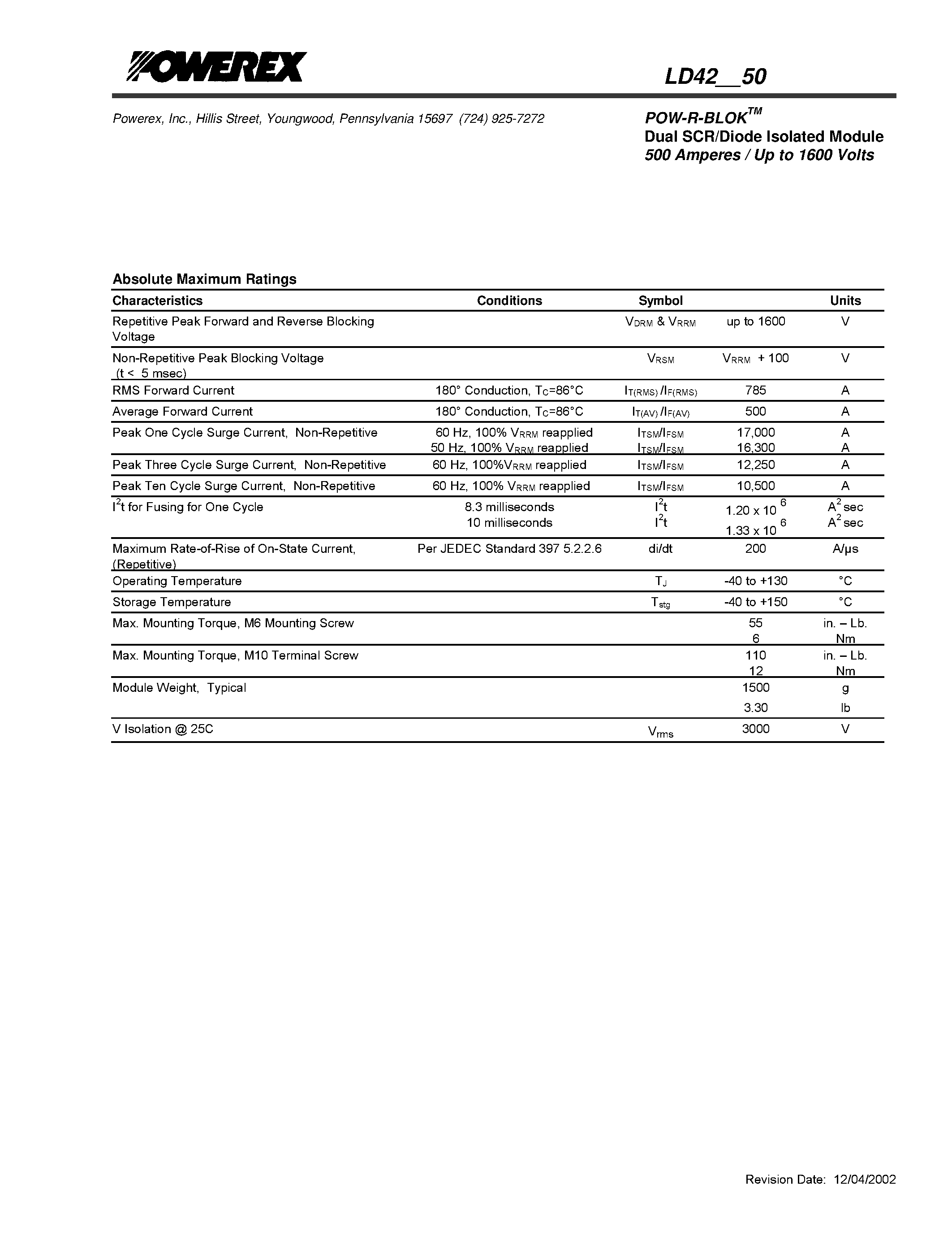 Datasheet LD420850 - POW-R-BLOK Dual SCR/Diode Isolated Module (500 Amperes / Up to 1600 Volts) page 2