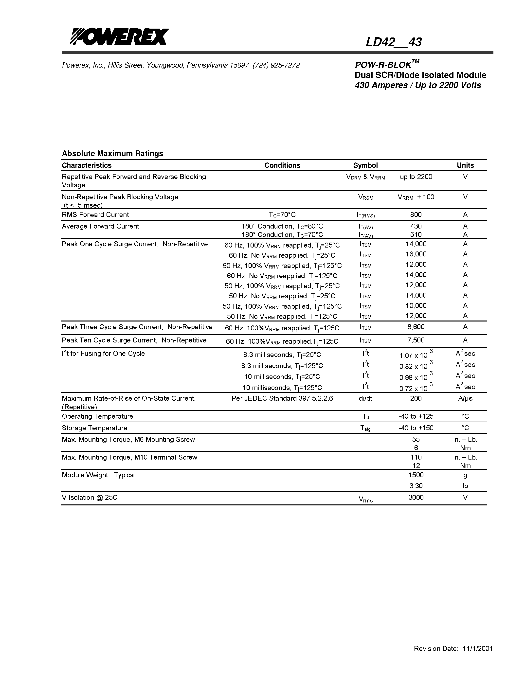 Datasheet LD421843 - POW-R-BLOK Dual SCR/Diode Isolated Module (430 Amperes / Up to 2200 Volts) page 2