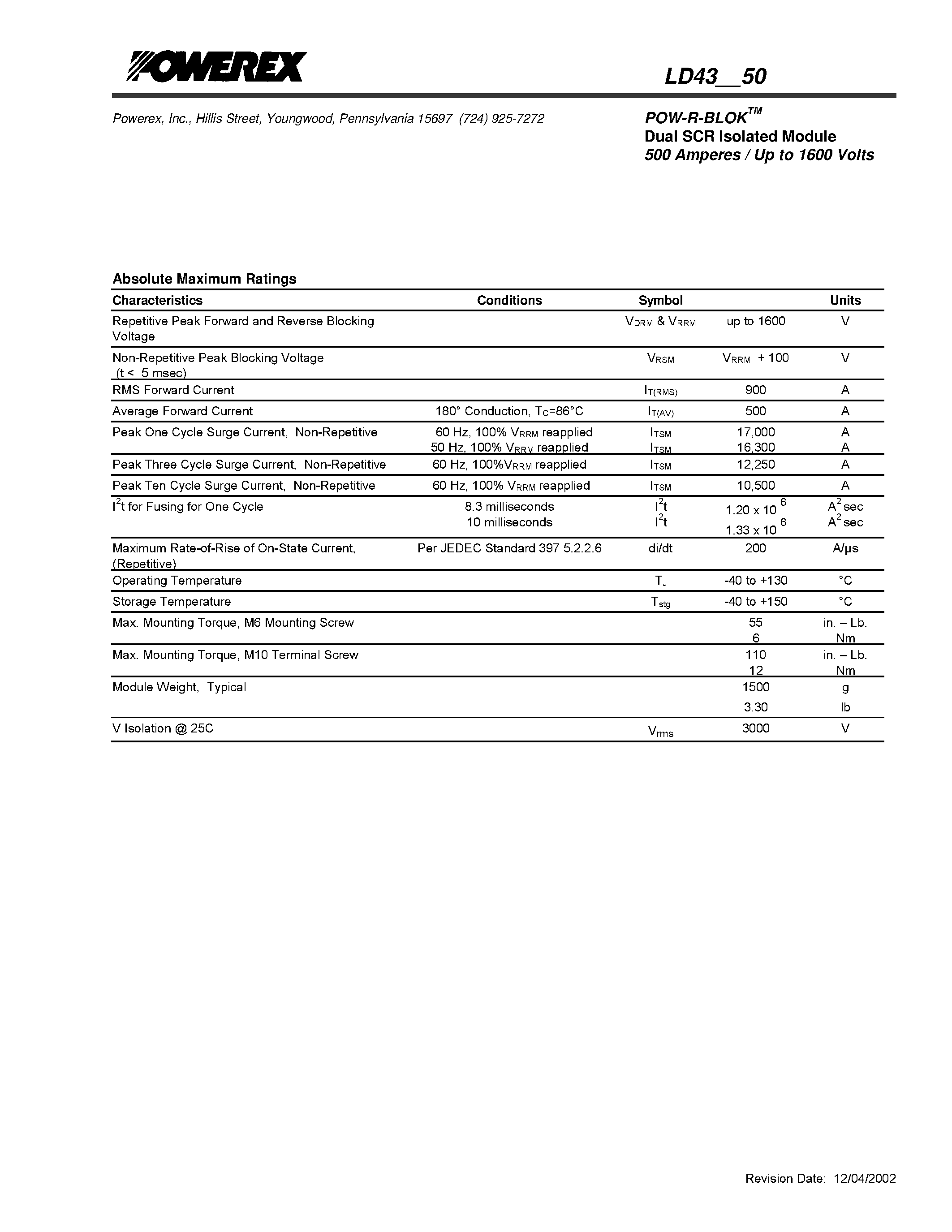 Datasheet LD431450 - POW-R-BLOK Dual SCR Isolated Module (500 Amperes / Up to 1600 Volts) page 2