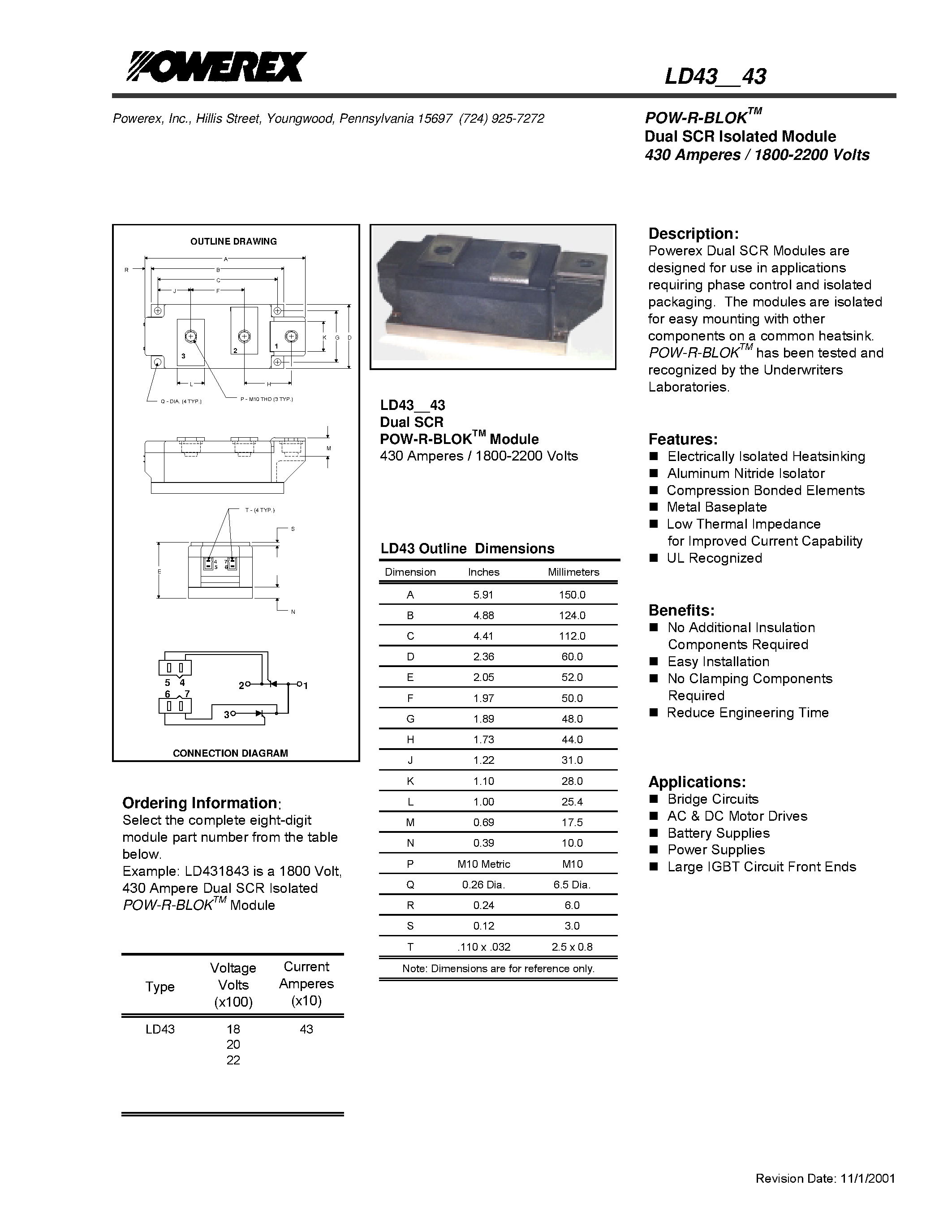 Datasheet LD431843 - POW-R-BLOK Dual SCR Isolated Module (430 Amperes / 1800-2200 Volts) page 1