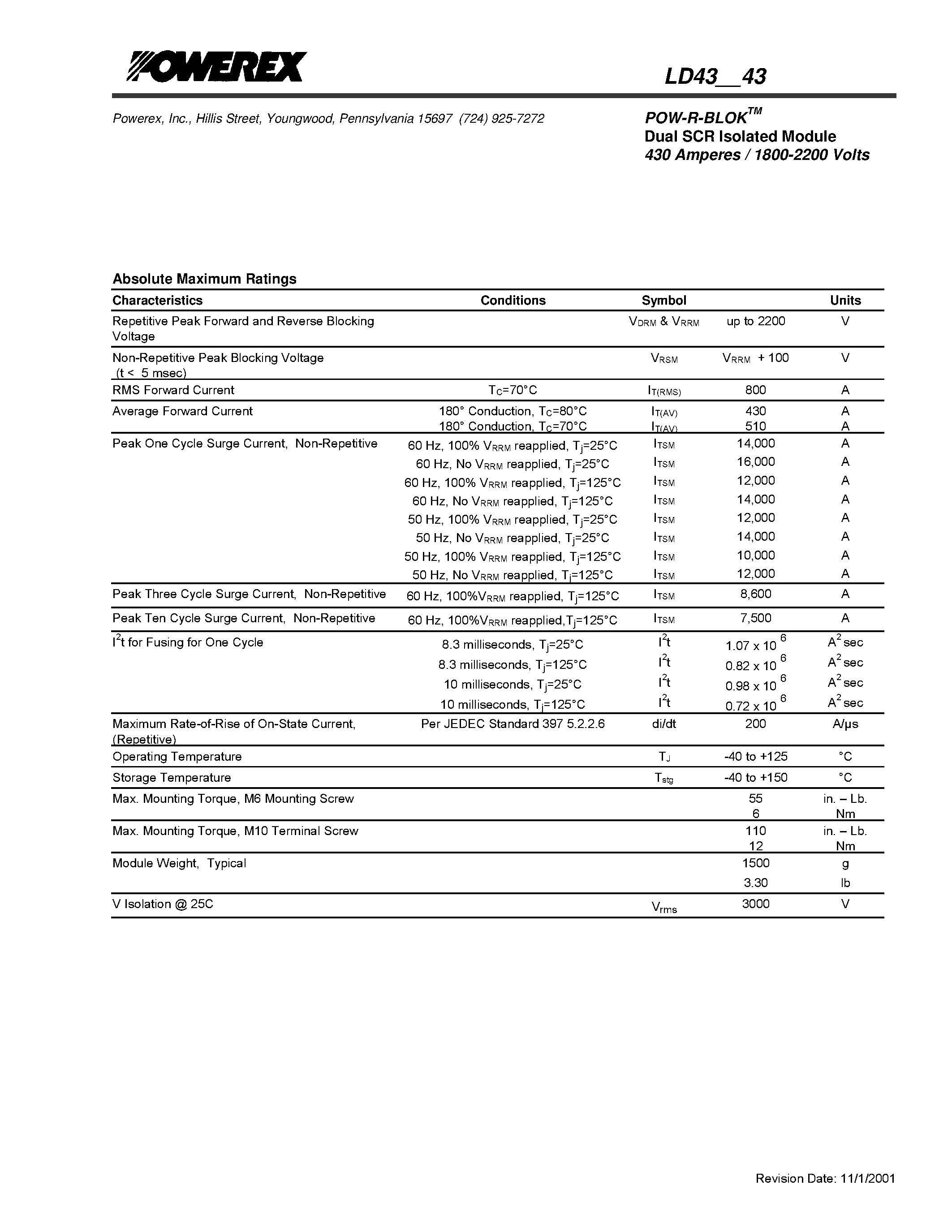 Datasheet LD431843 - POW-R-BLOK Dual SCR Isolated Module (430 Amperes / 1800-2200 Volts) page 2