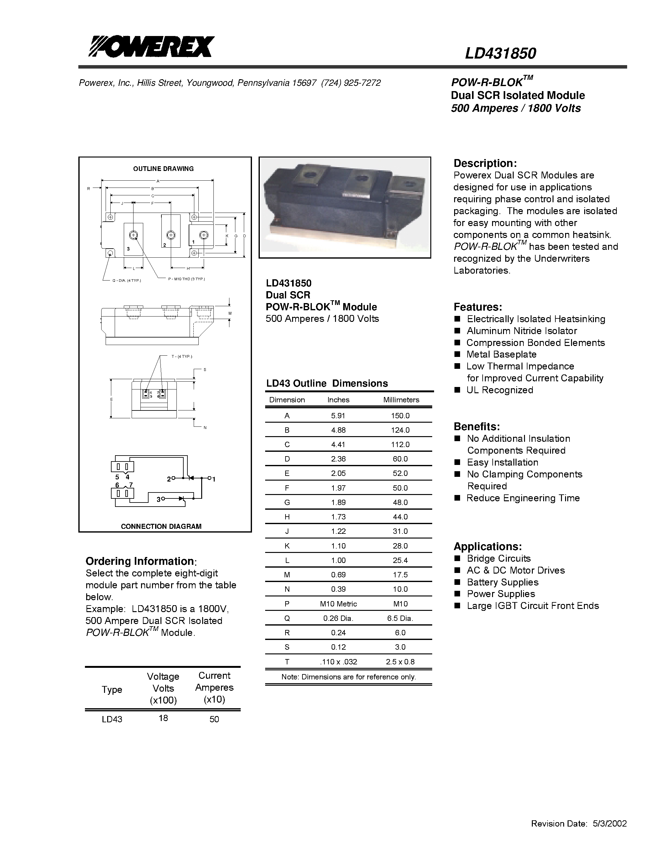 Datasheet LD431850 - POW-R-BLOK Dual SCR Isolated Module (500 Amperes / 1800 Volts) page 1