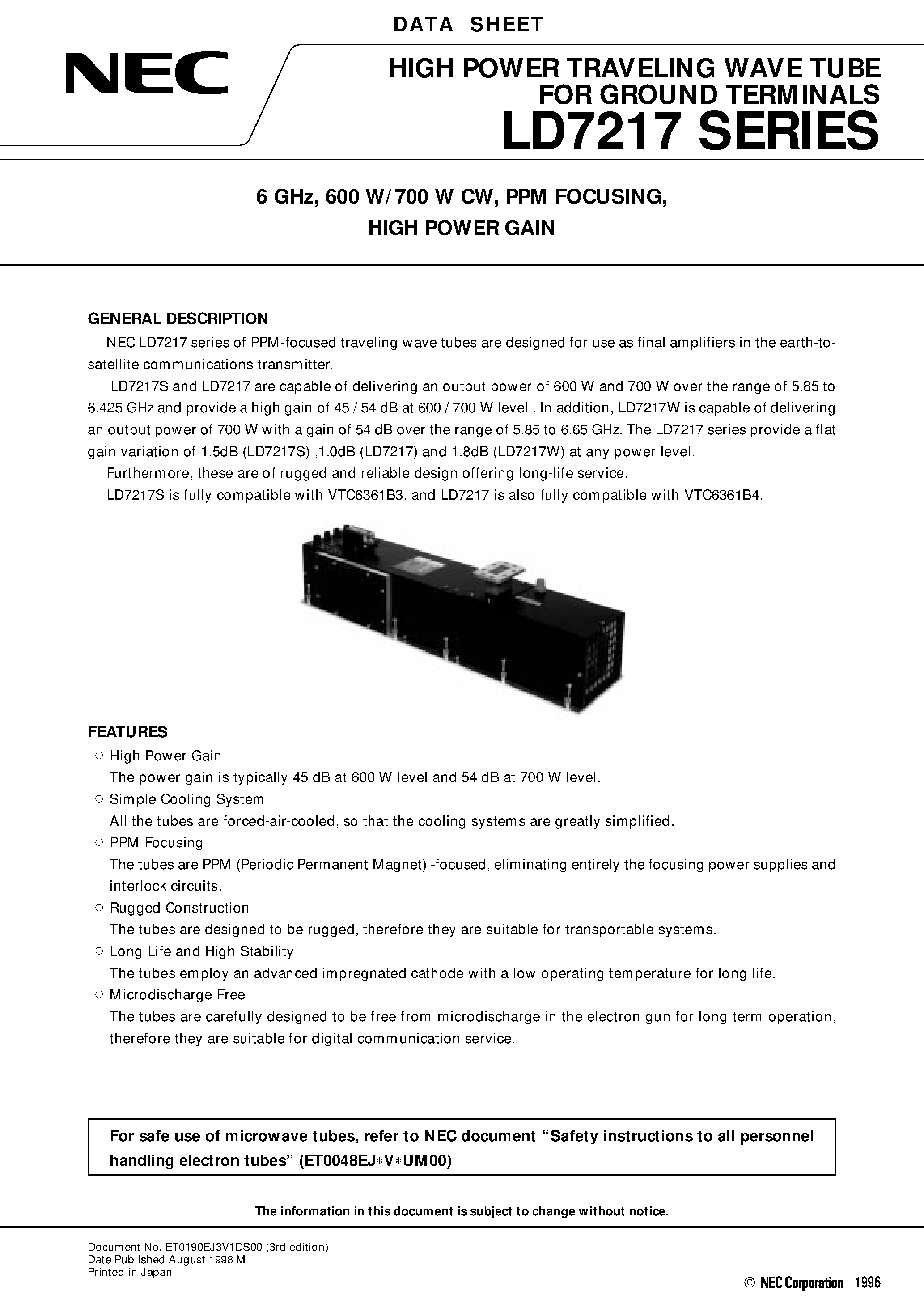 Даташит LD7217W - 6 GHz / 600 W/700 W CW / PPM FOCUSING / HIGH POWER GAIN страница 1