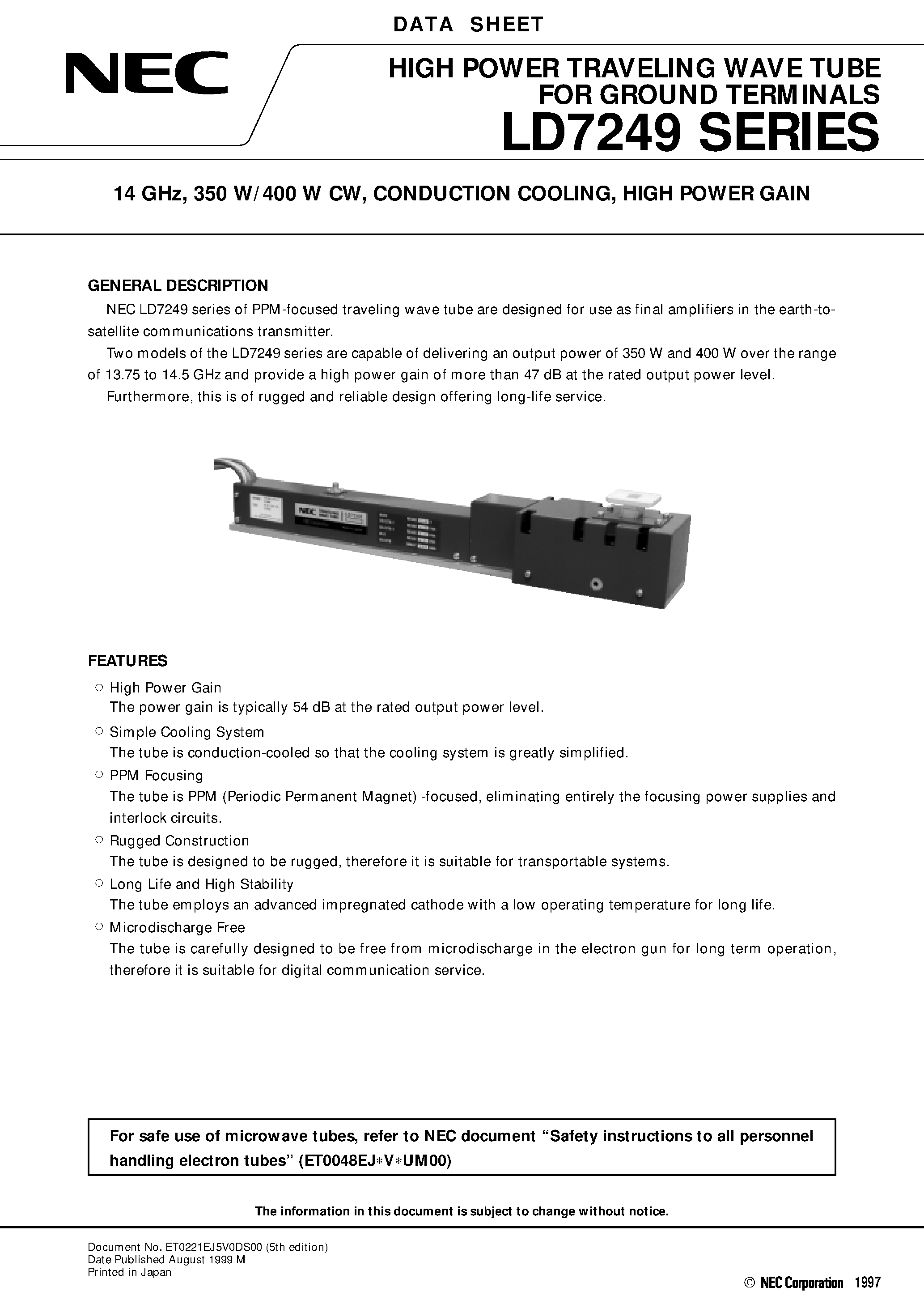 Даташит LD7249U - 14 GHz / 350 W/400 W CW / CONDUCTION COOLING / HIGH POWER GAIN страница 1