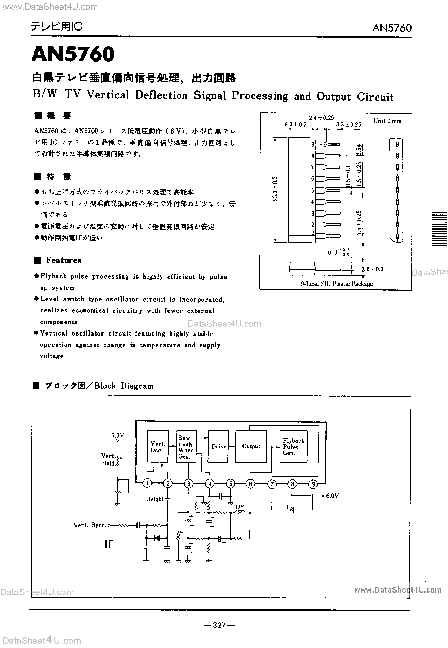 Datasheet AN5760 - B/W TV Vertical Deflection Signal Processing and Output Circuit page 1