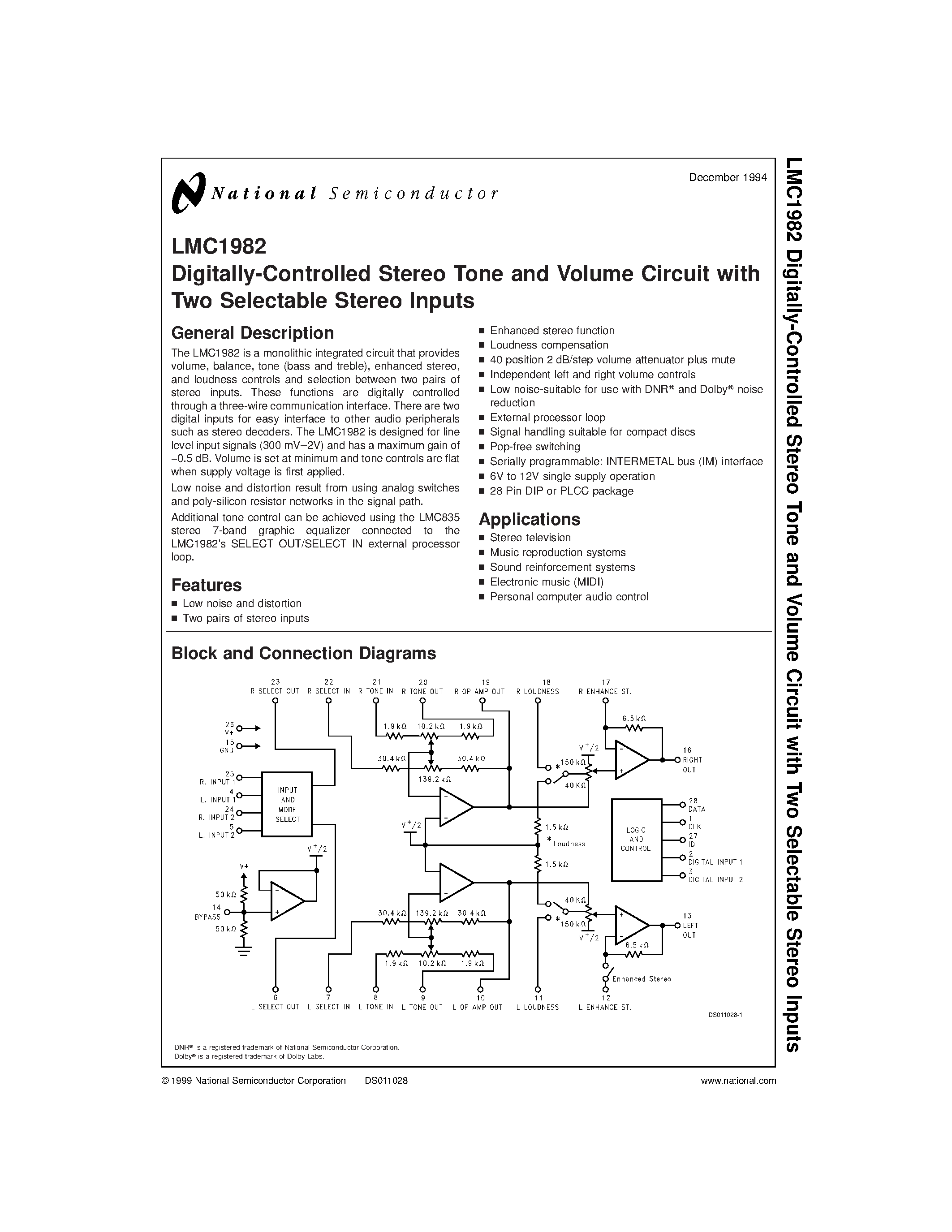 Даташит LMC1982 - Digitally-Controlled Stereo Tone and Volume Circuit with Two Selectable Stereo Inputs страница 1