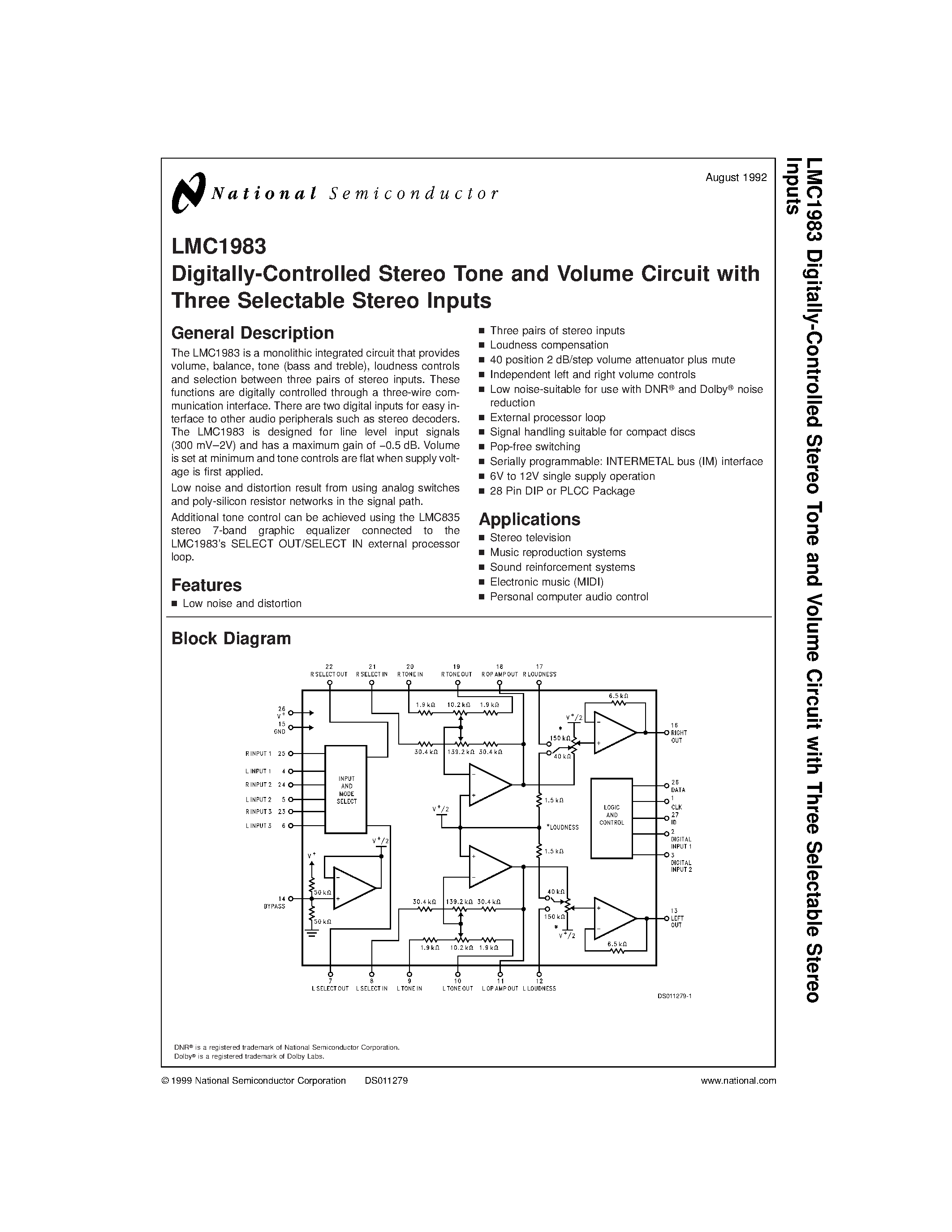 Даташит LMC1983 - Digitally-Controlled Stereo Tone and Volume Circuit with Three Selectable Stereo Inputs страница 1