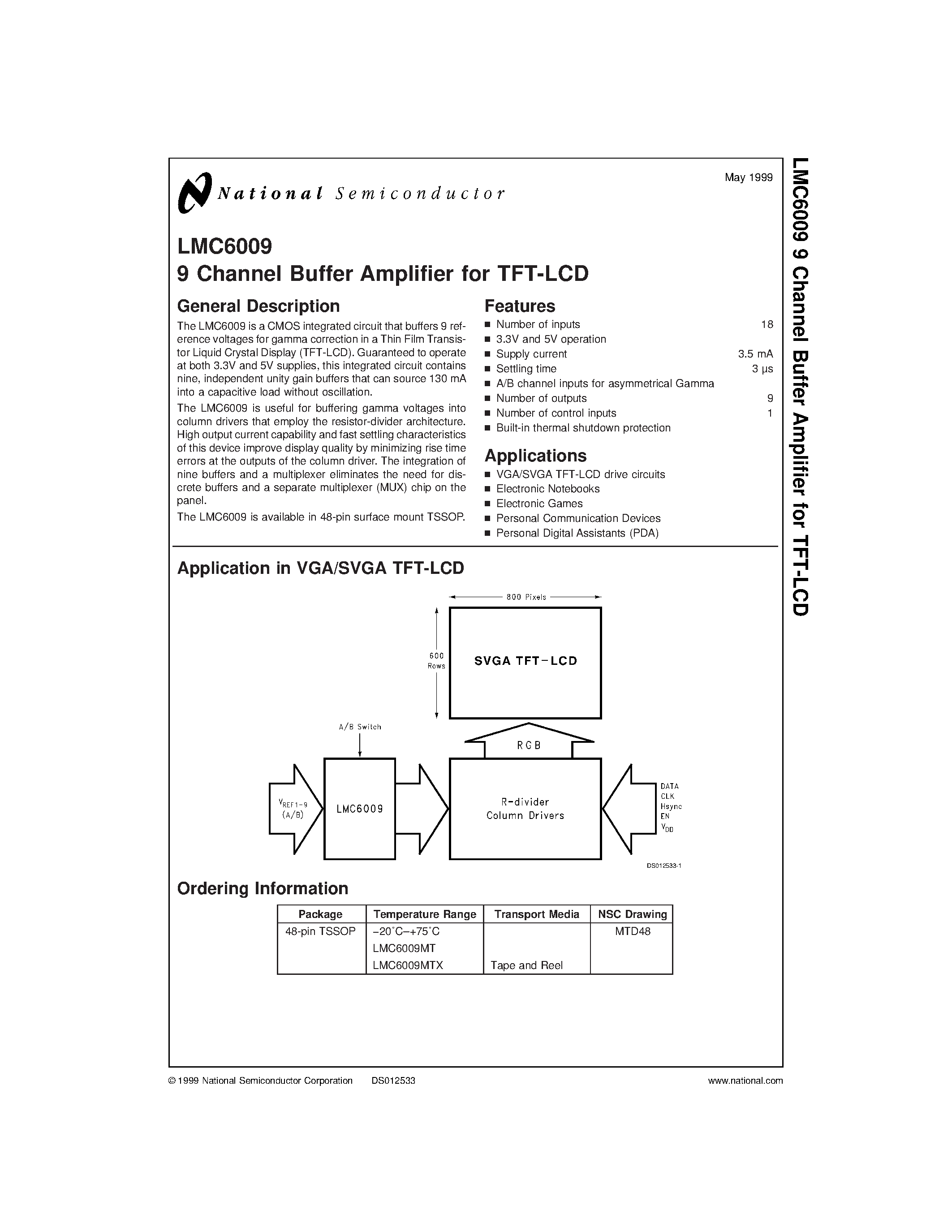 Даташит LMC6009 - 9 Channel Buffer Amplifier for TFT-LCD страница 1