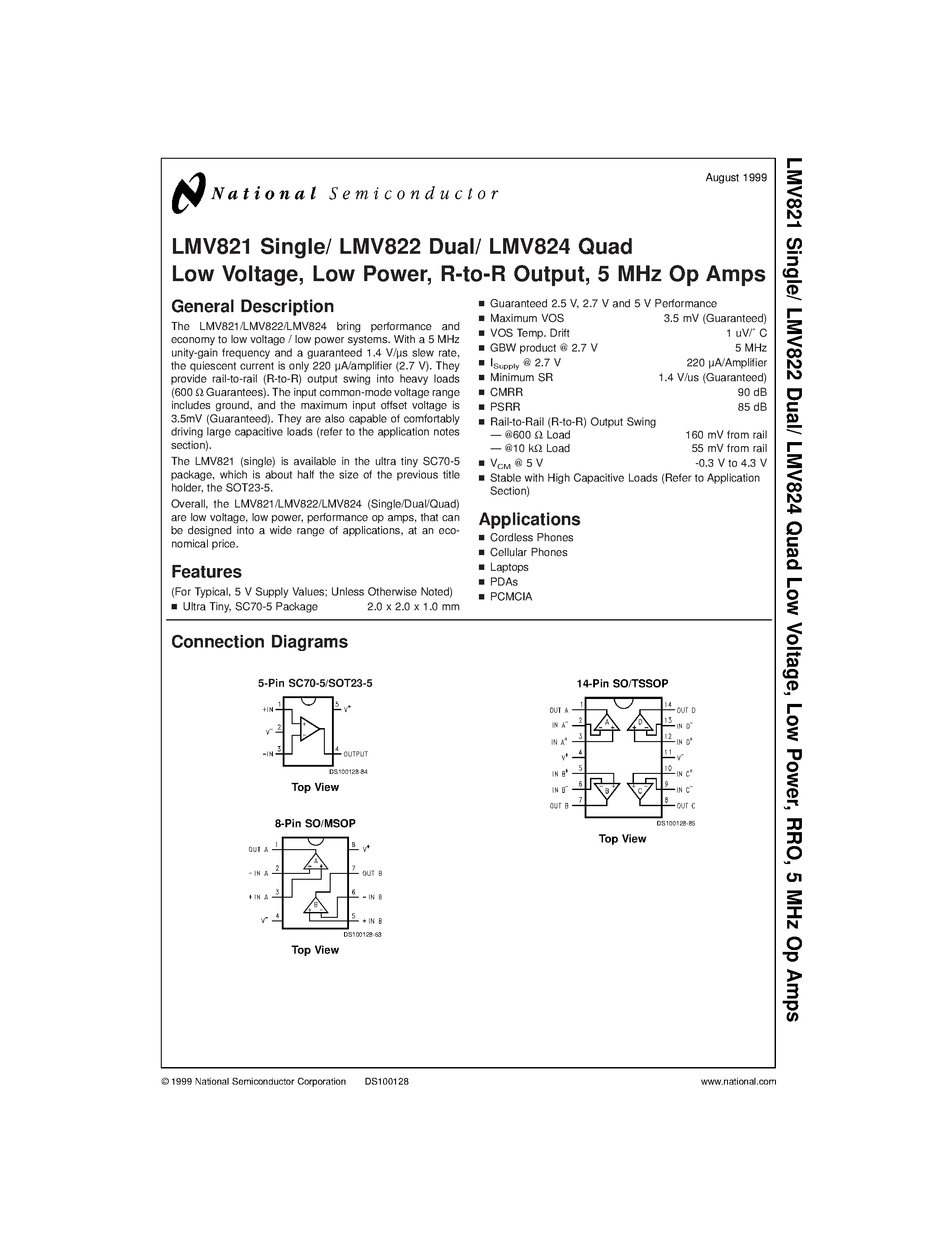 Datasheet LMV821 - Low Voltage / Low Power / R-to-R Output / 5 MHz Op Amps page 1