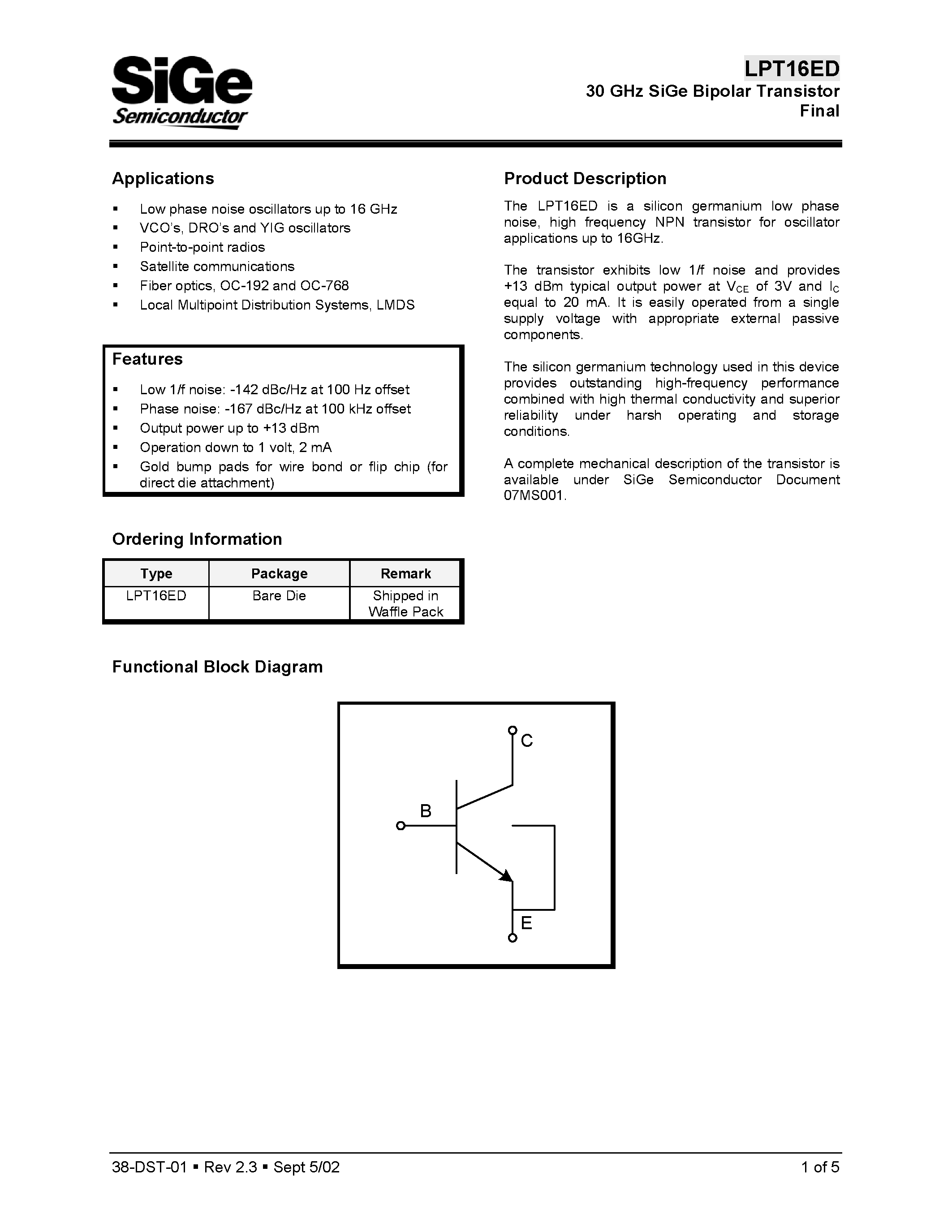 Даташит LPT16ED - 30 GHz SiGe Bipolar Transistor Final страница 1