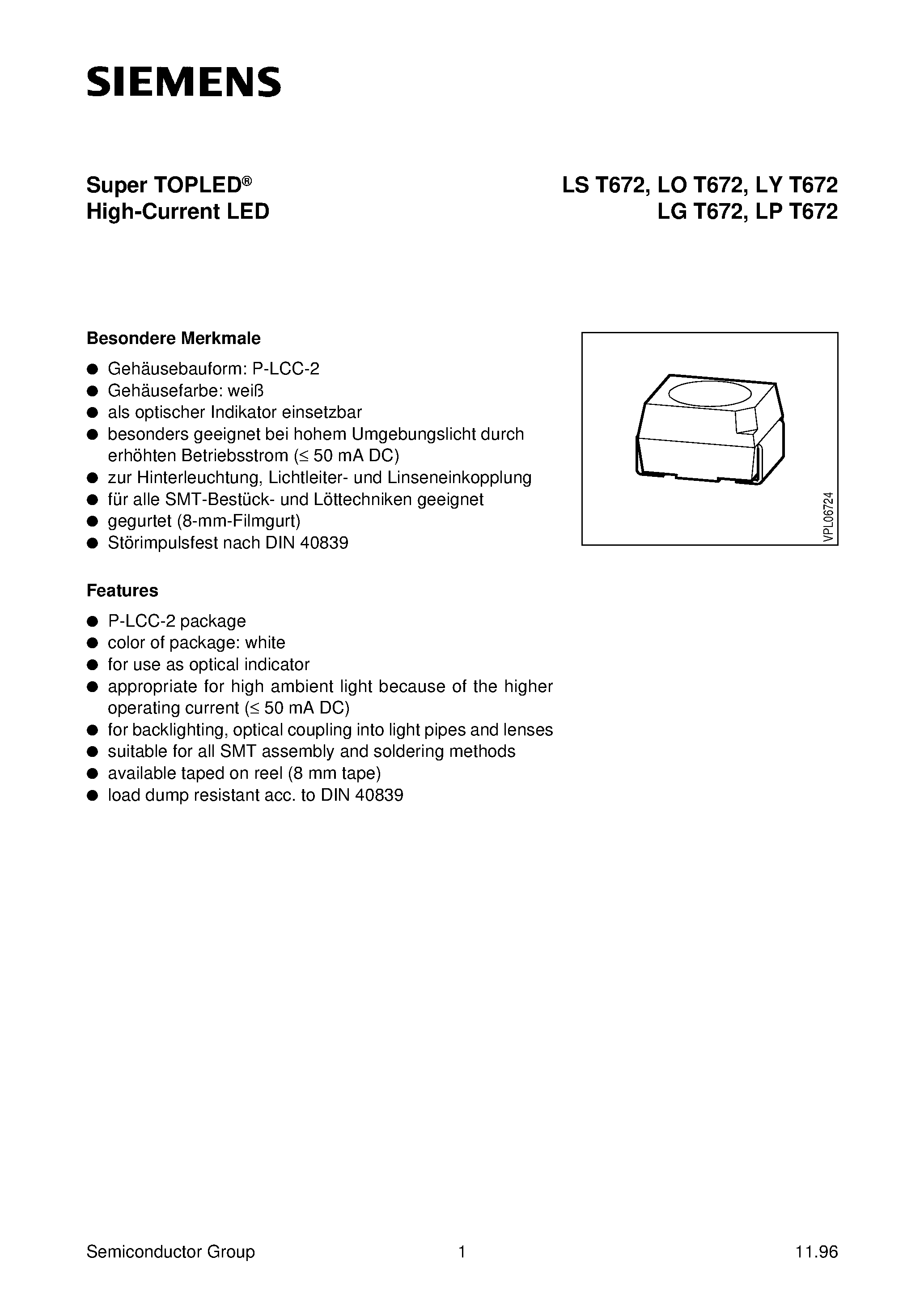 Datasheet LPT672-L - Super TOPLED High-Current LED page 1