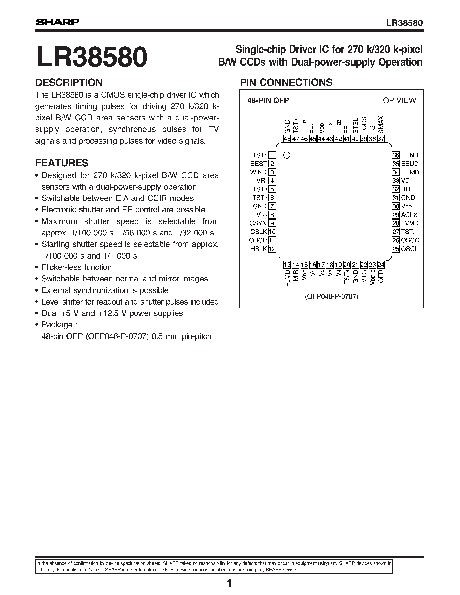 Datasheet LR38580 - Single-chip Driver IC for 270 k/320 k-pixel B/W CCDs with Dual-power-supply Operation page 1