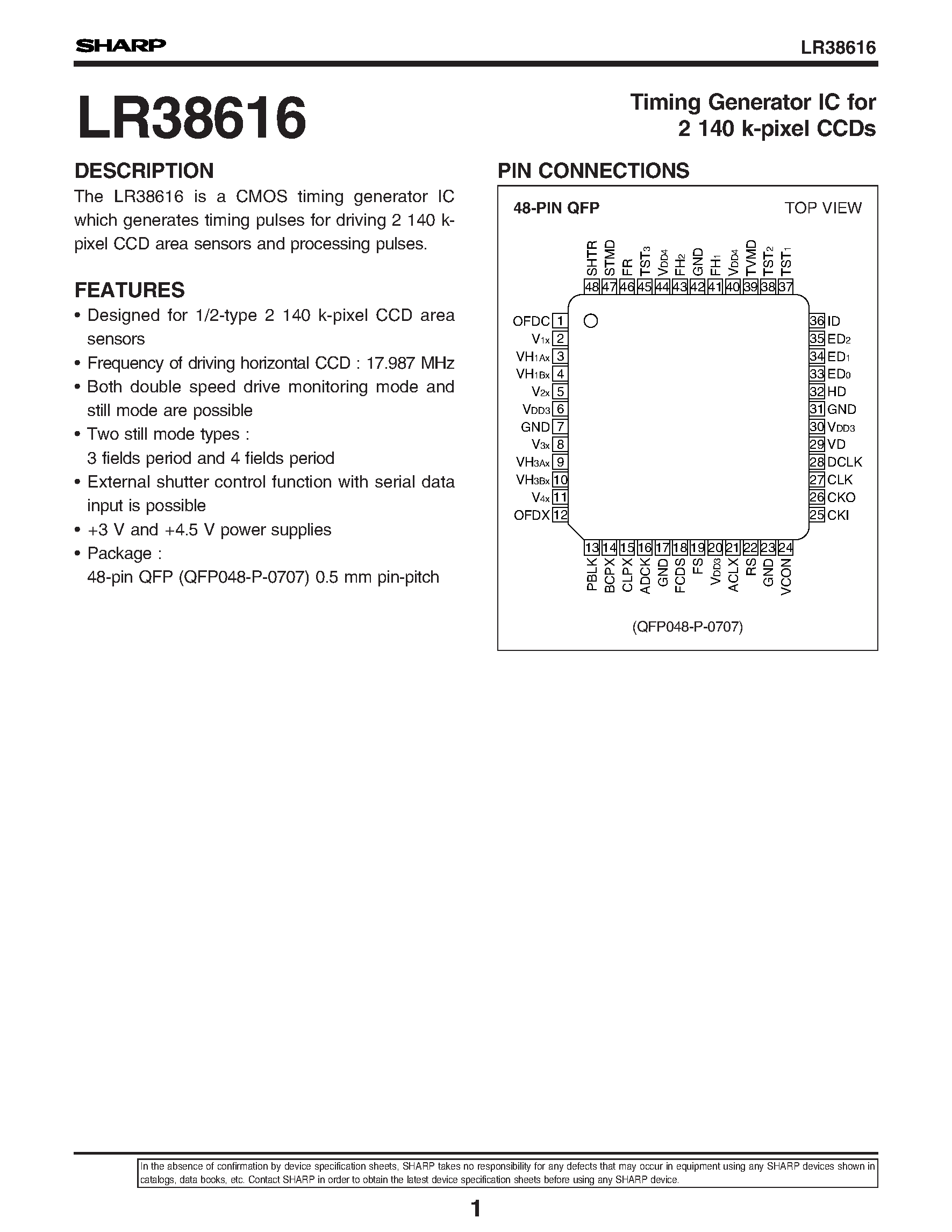 Datasheet LR38616 - Timing Generator IC for 2 140 k-pixel CCDs page 1