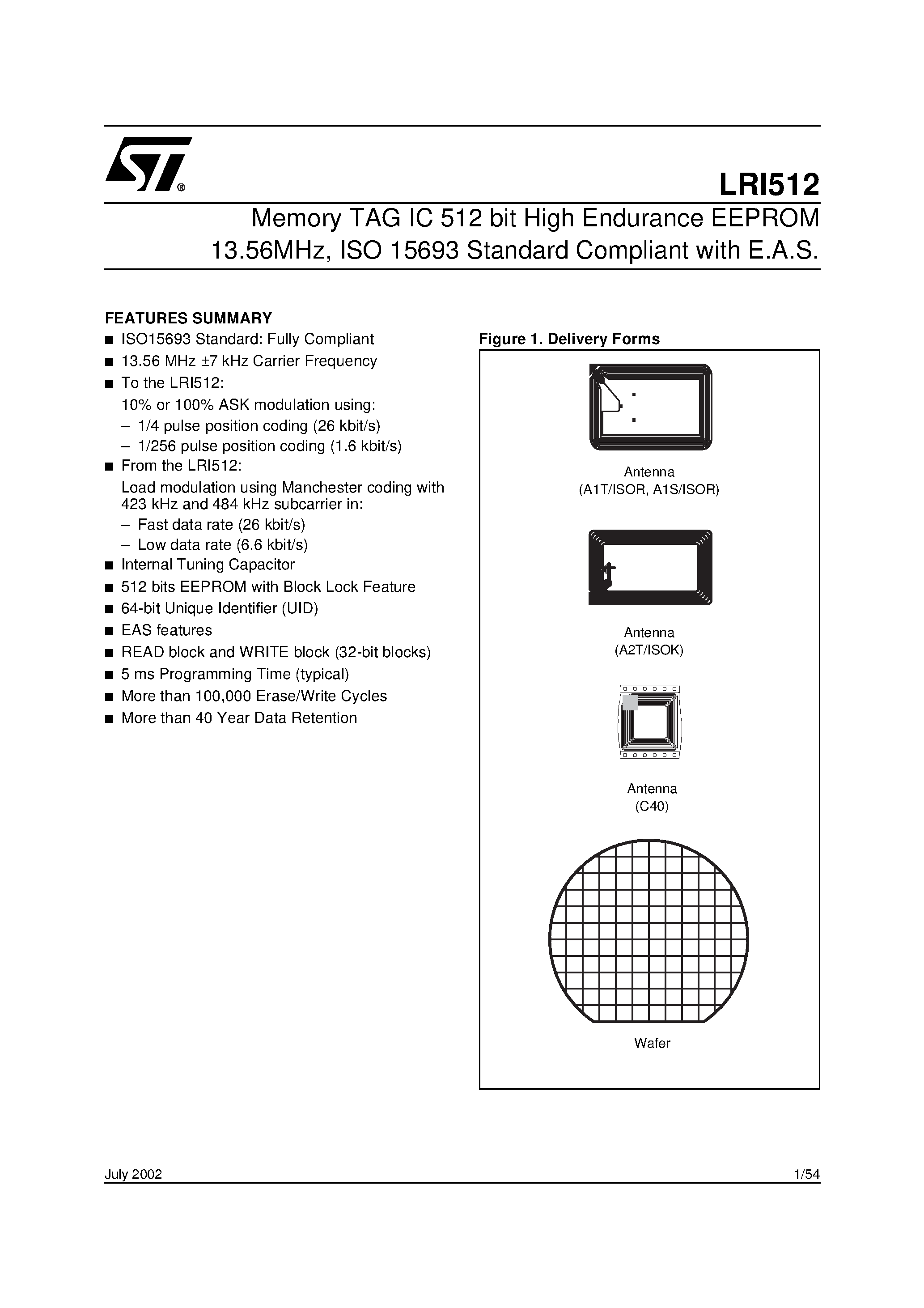 Datasheet LRI512 - Memory TAG IC 512 bit High Endurance EEPROM 13.56MHz / ISO 15693 Standard Compliant with E.A.S. page 1