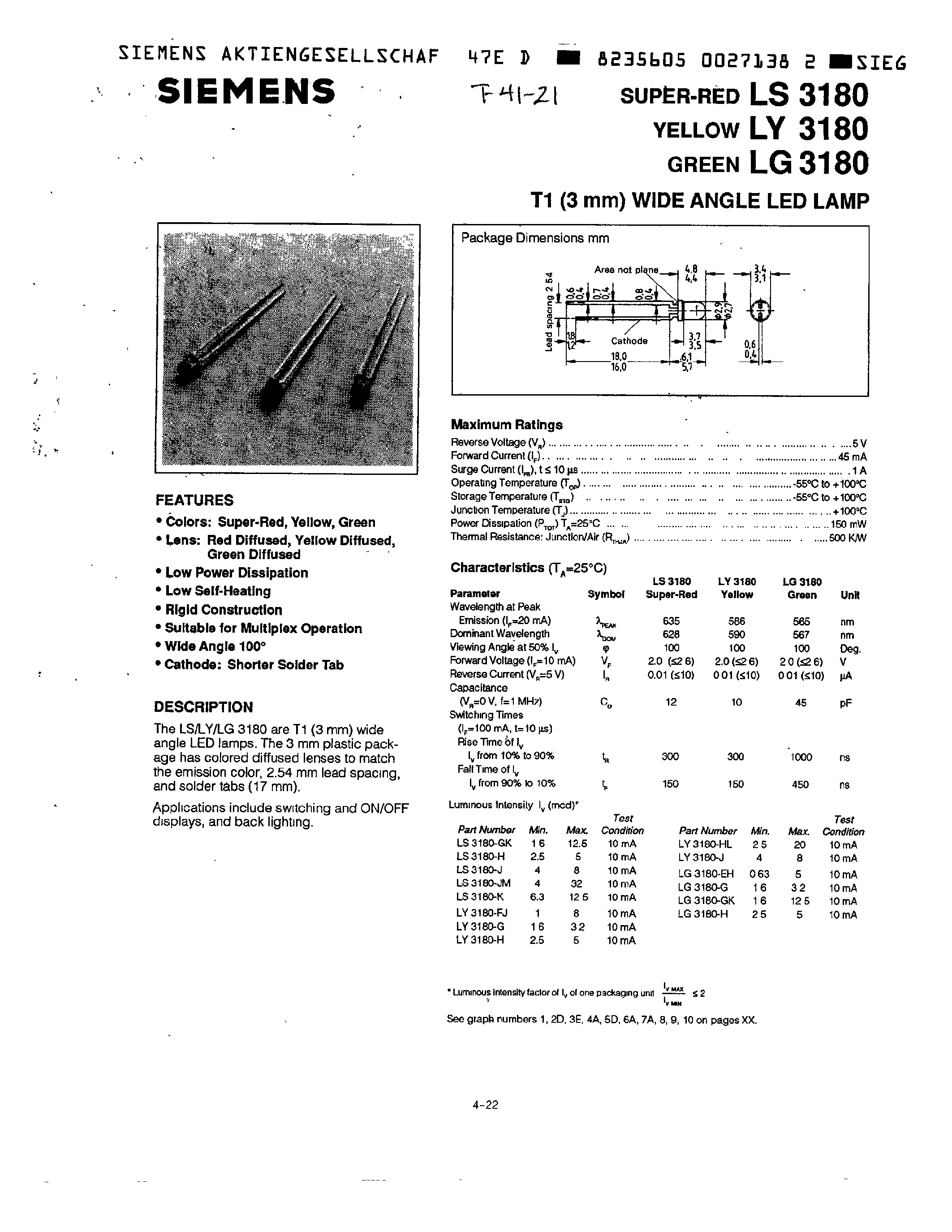 Datasheet LS3180-J page 1 Datasheet LS3180-J - T1 (3mm) WIDE ANGLE LED LAMP page 1