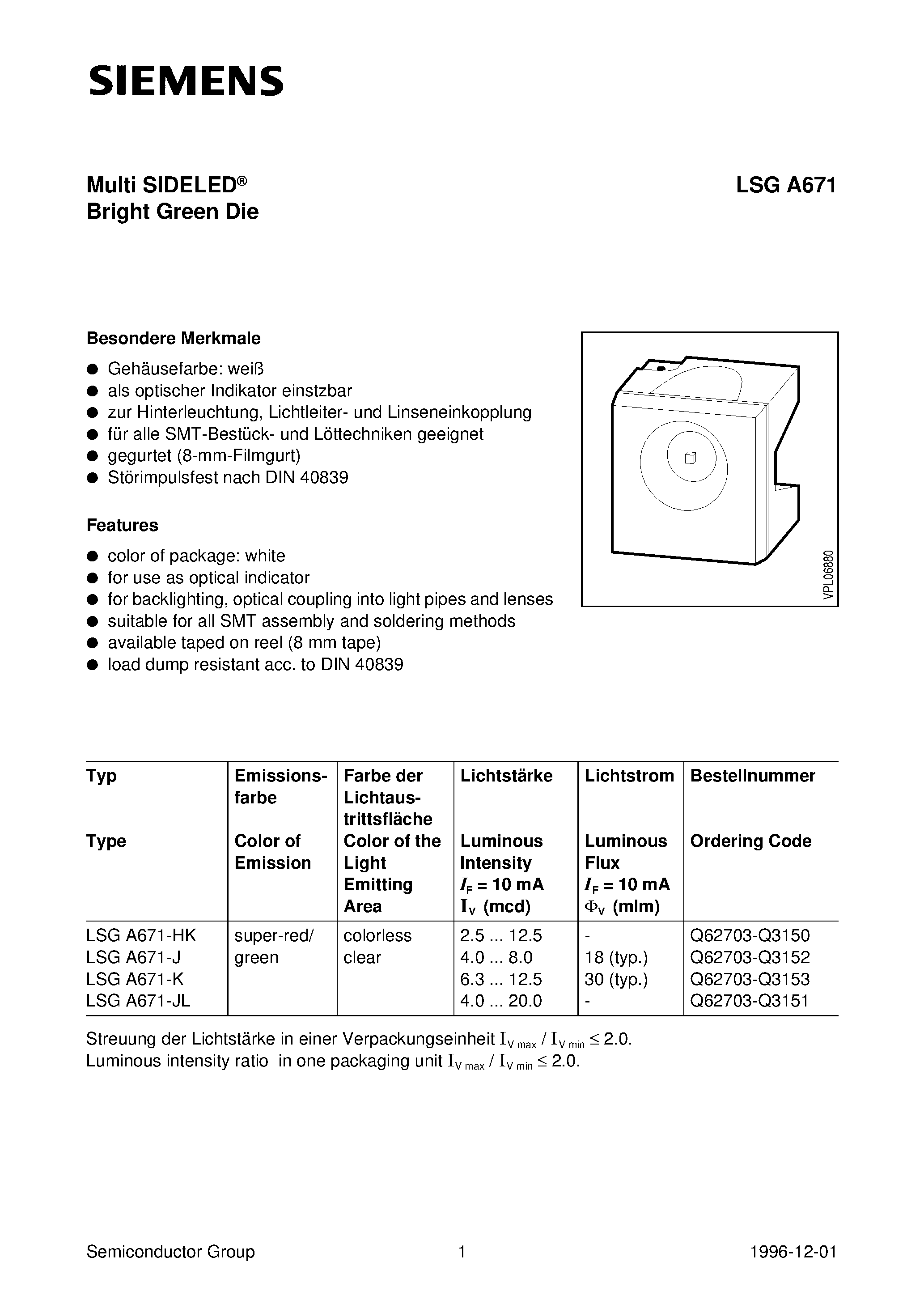Datasheet LSGA671-J page 1 Datasheet LSGA671-J - Multi SIDELED Bright Green Die page 1