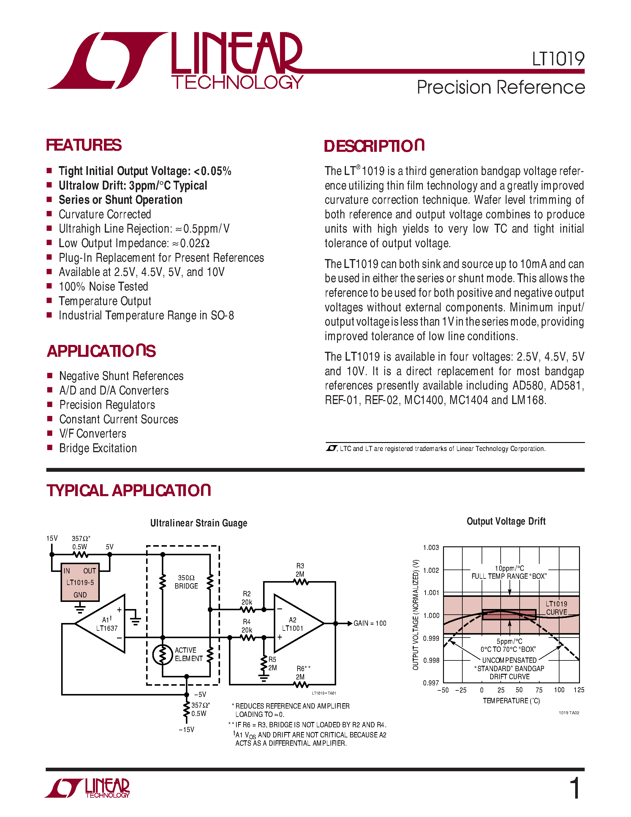 Даташит LT1019CS8-4.5 - Precision Reference страница 1