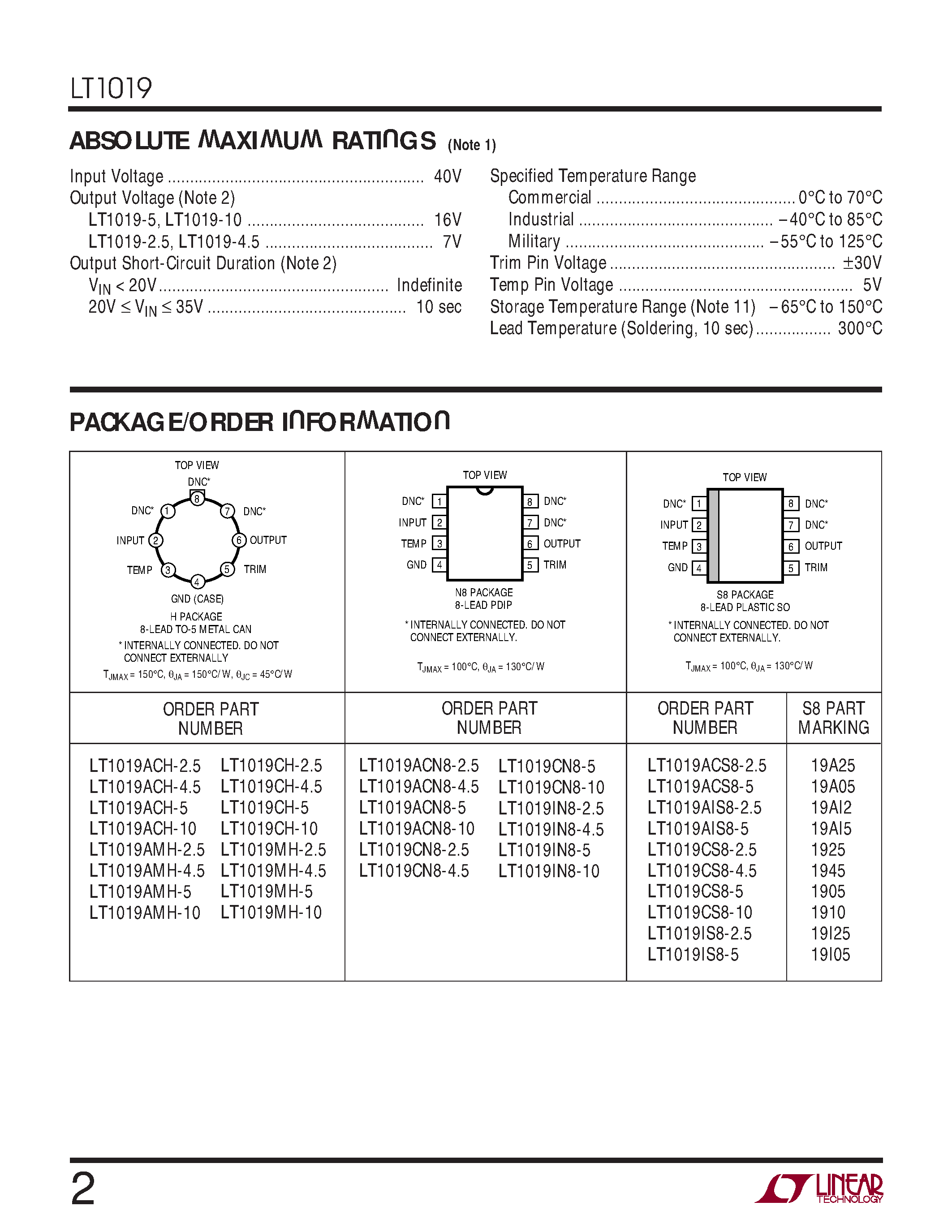 Даташит LT1019CS8-4.5 - Precision Reference страница 2